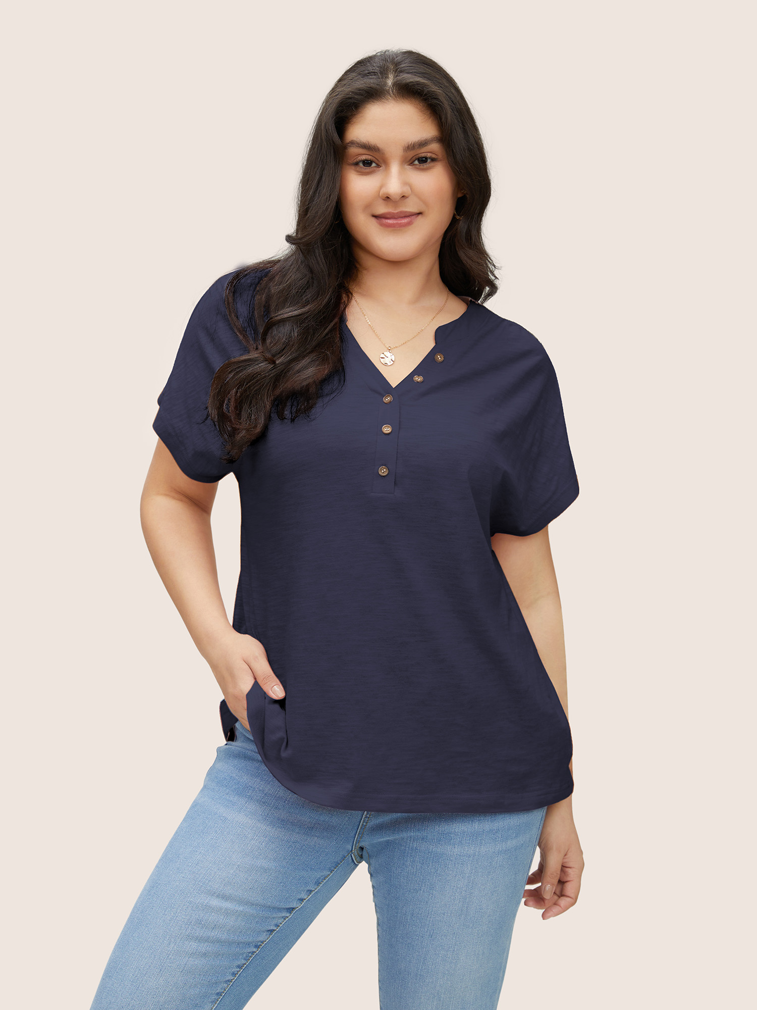 

Plus Size Cotton Solid Notched Dolman Sleeve T-shirt Midnight Women Casual Non Plain Notched collar Everyday T-shirts BloomChic
