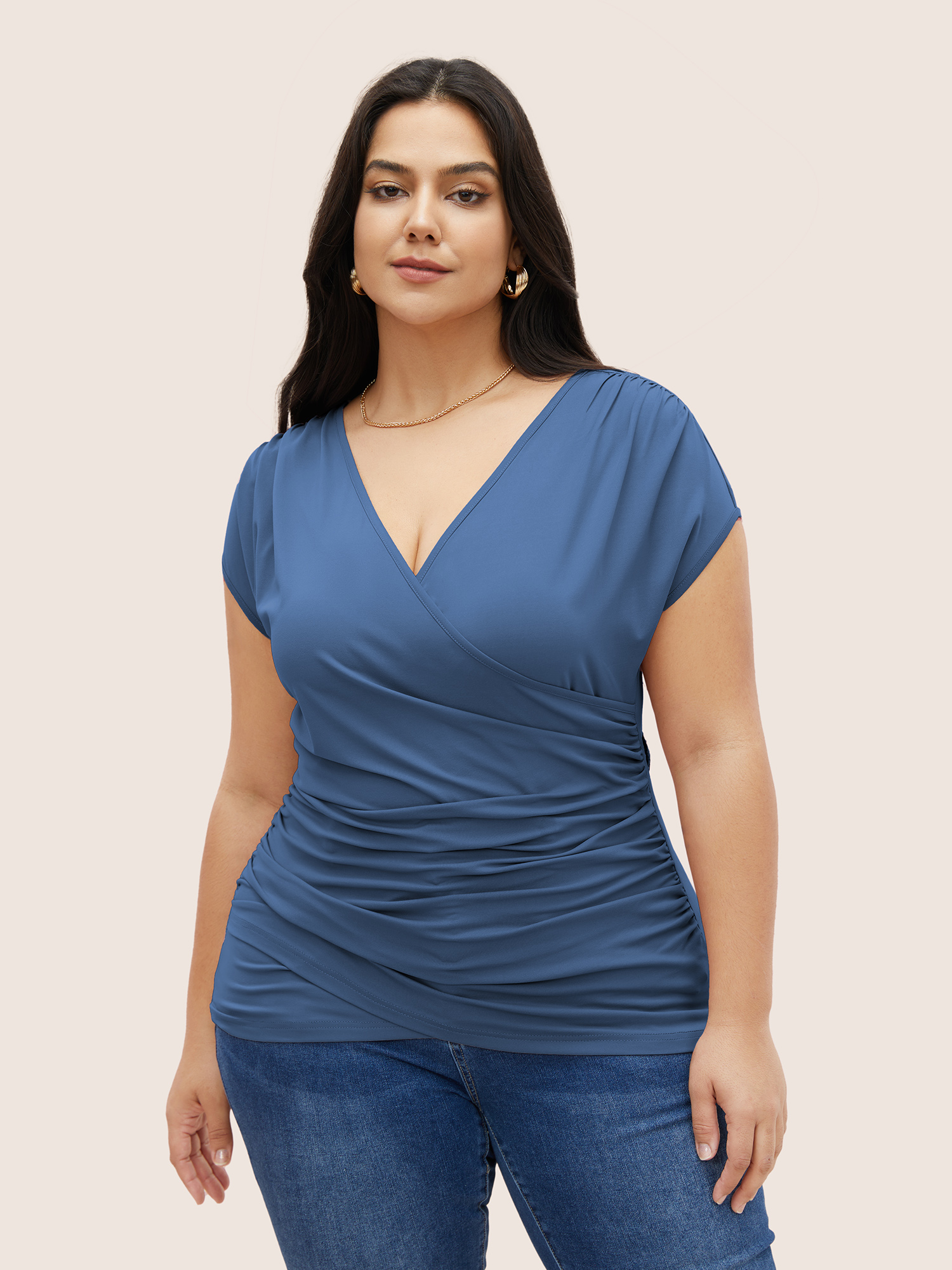 

Plus Size Plain Ruched Overlap Collar Dolman Sleeve Knit Top Stone Women Elegant Overlapping Deep V-neck Everyday T-shirts BloomChic
