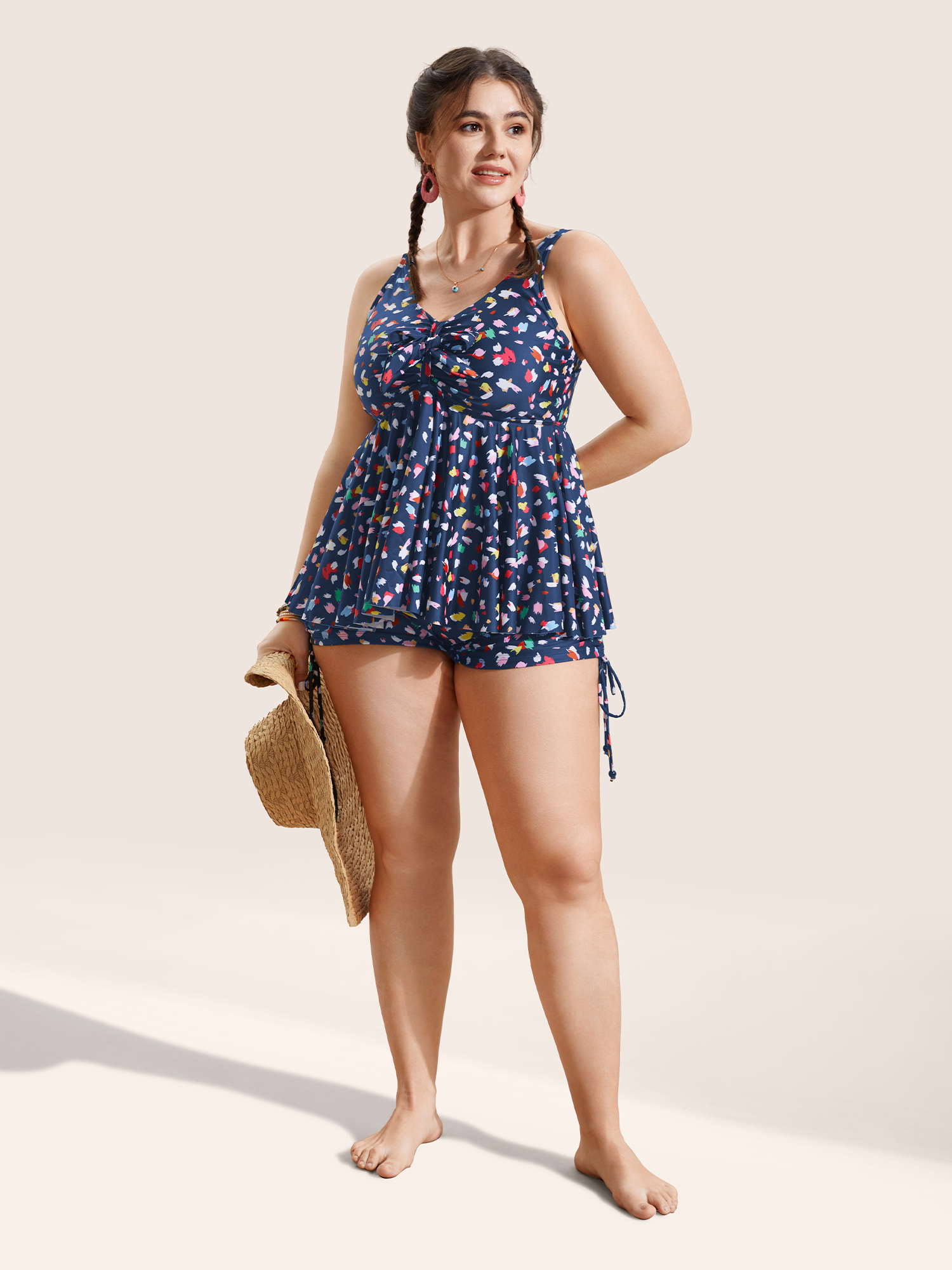 

Plus Size Allover Print V Neck Gathered Swim Top Women's Swimwear Aegean Beach Gathered High stretch Bodycon V-neck Curve Swim Tops BloomChic