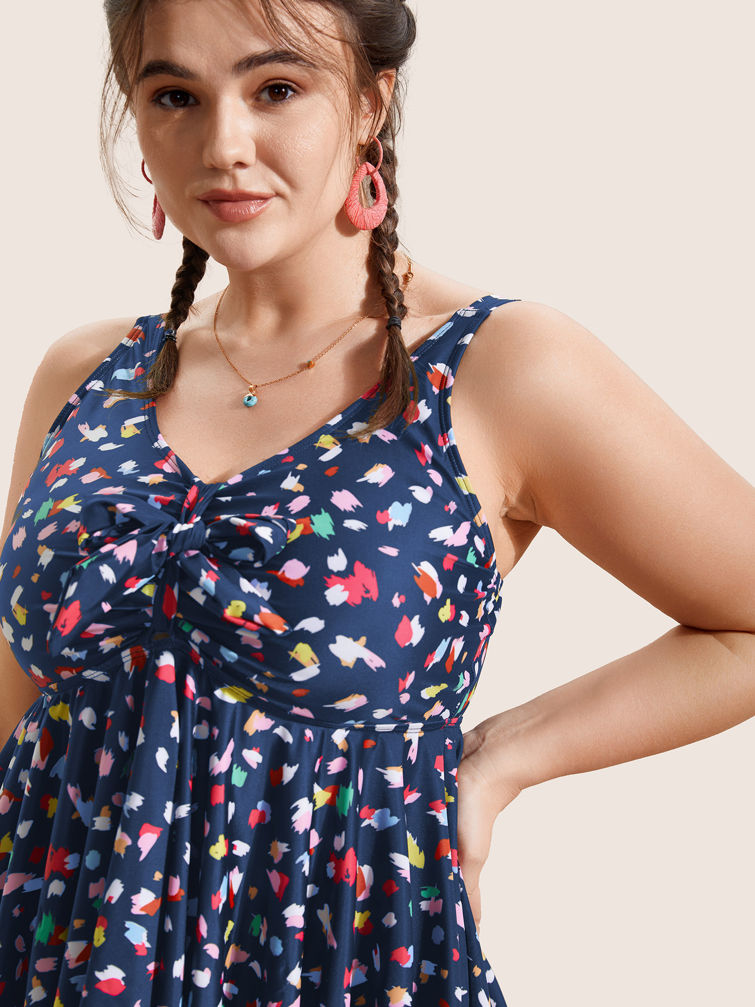 Plus Size Allover Print V Neck Gathered Swim Top Women`s Swimwear Aegean Beach Gathered High stretch Bodycon V-neck Curve Swim Tops BloomChic 22-24/3X 