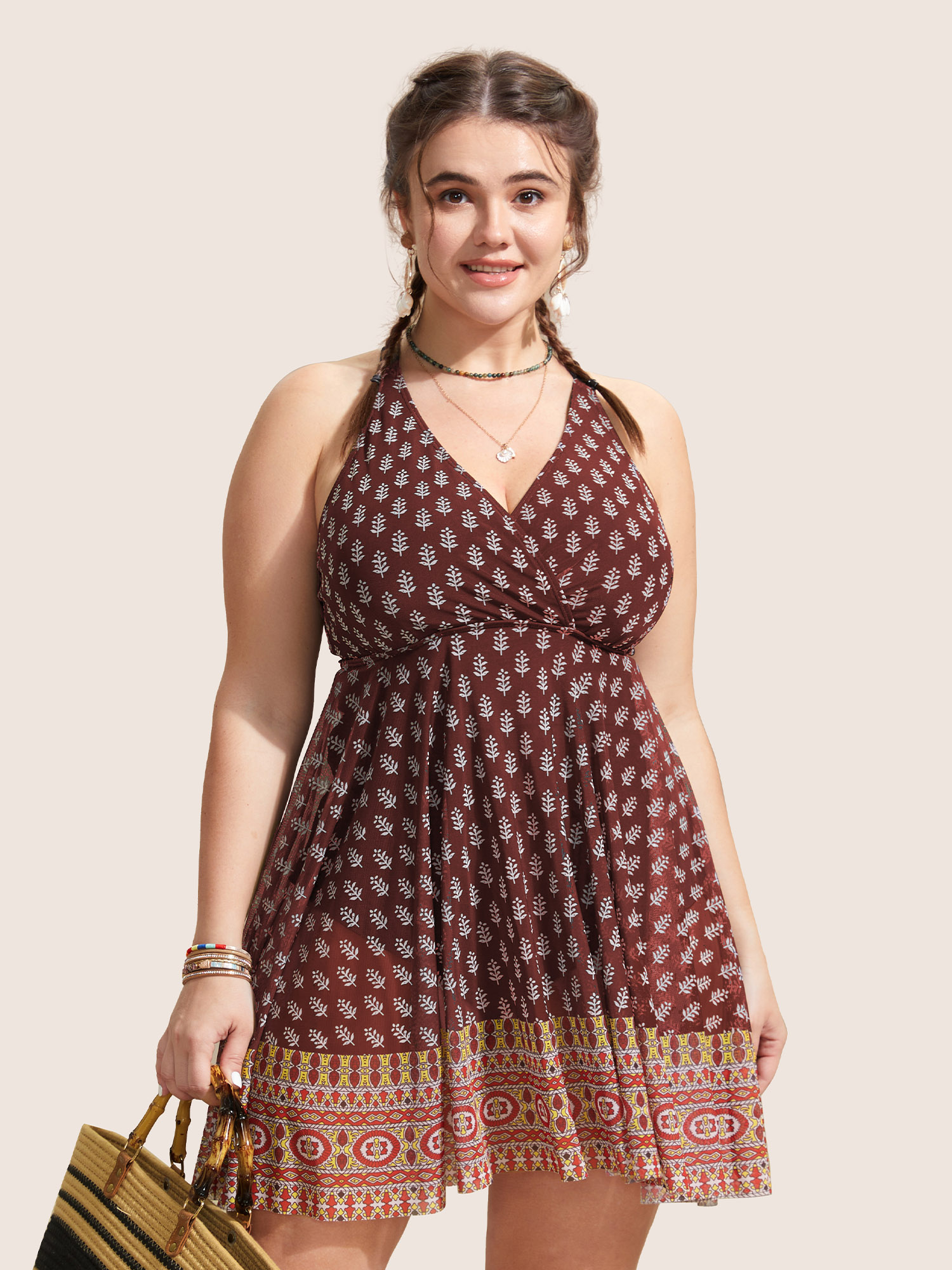 

Plus Size Overlap Collar Boho Print Patchwork Swim Dress Women's Swimwear Deepred Beach Bodycon Overlap Collar High stretch Curve Swim Dresses BloomChic