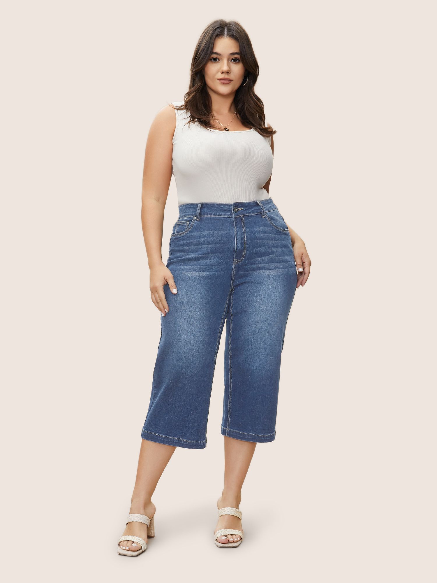Plus Size Medium Wash Wide Leg Cropped Jeans Women Midblue Casual Plain Button High stretch Slanted pocket Jeans BloomChic 30/6X 