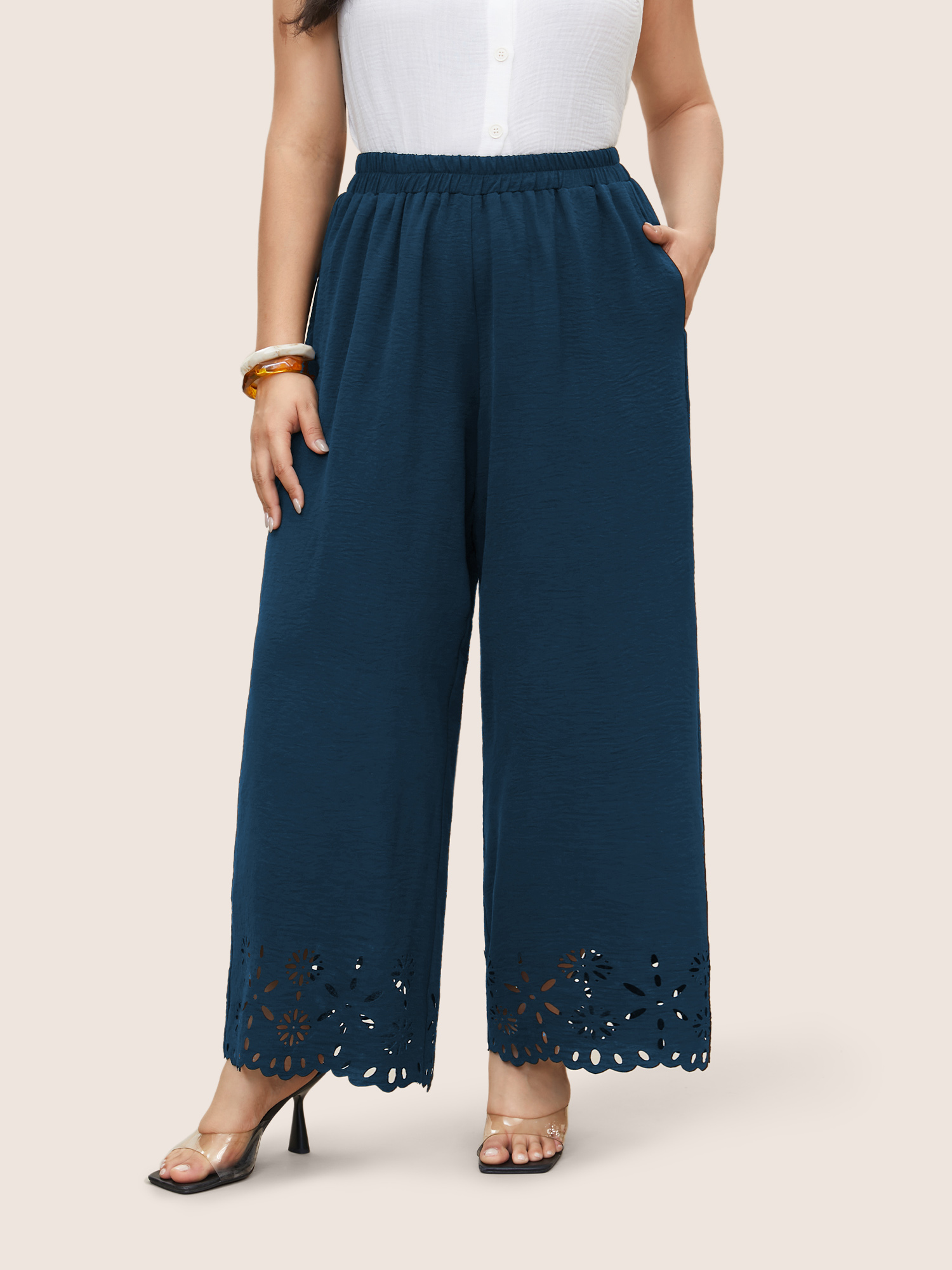 

Plus Size Laser Cut Elastic Waist Wide Leg Pants Women Mediumblue Elegant Wide Leg High Rise Everyday Pants BloomChic