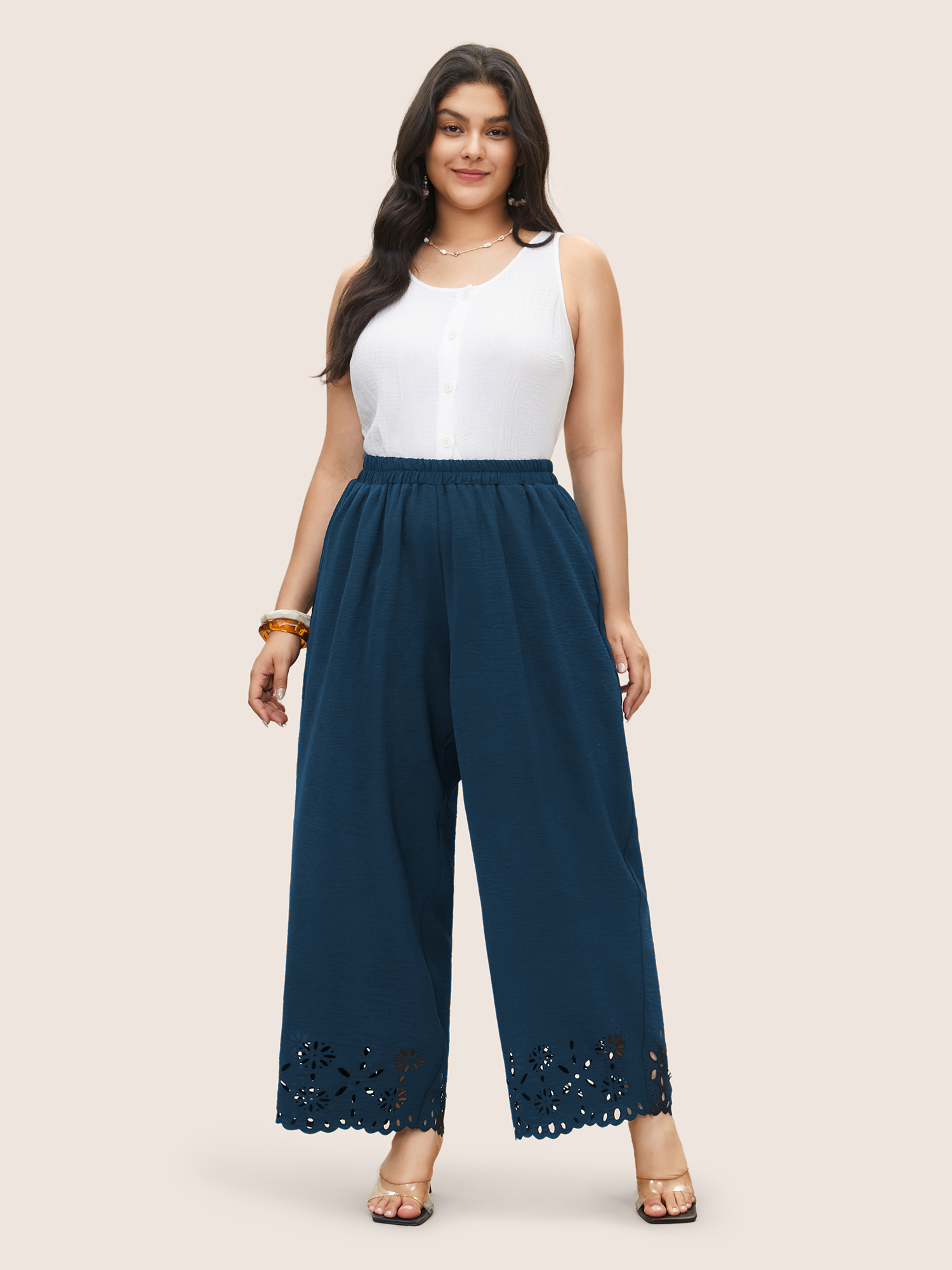 Plus Size Laser Cut Elastic Waist Wide Leg Pants Women Mediumblue Elegant Wide Leg High Rise Everyday Pants BloomChic 10/M 