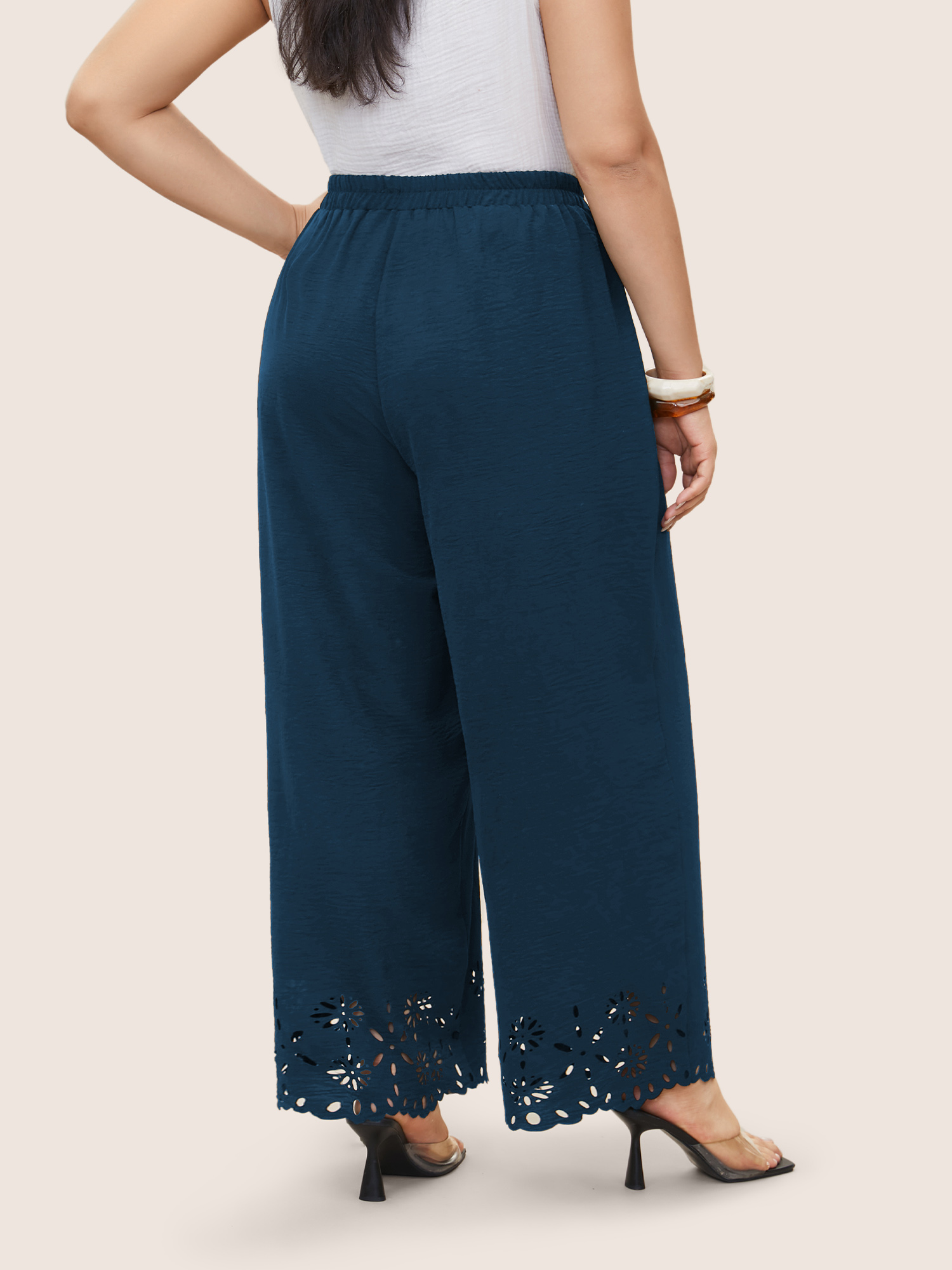 Plus Size Laser Cut Elastic Waist Wide Leg Pants Women Mediumblue Elegant Wide Leg High Rise Everyday Pants BloomChic 10/M 