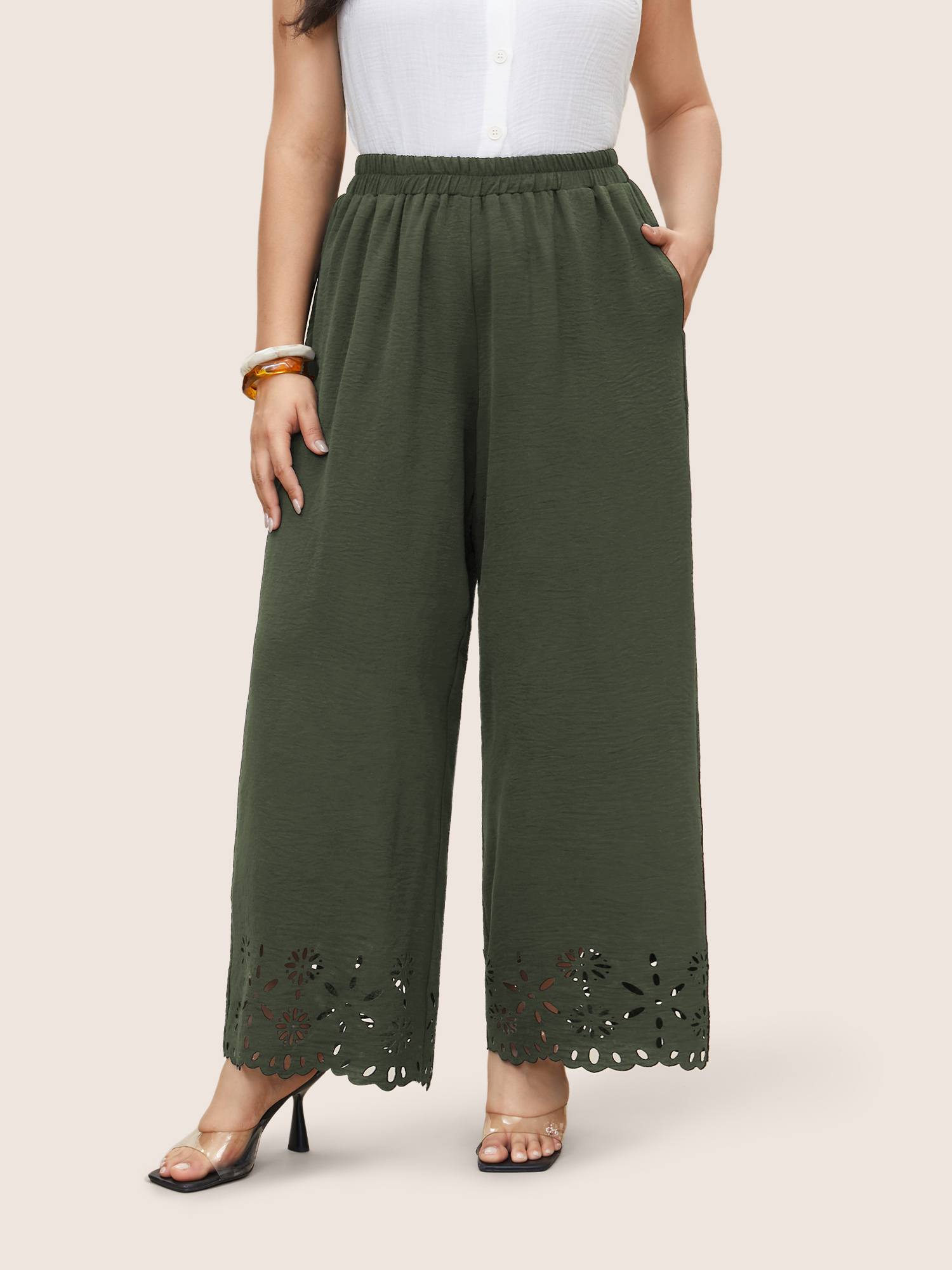 

Plus Size Laser Cut Elastic Waist Wide Leg Pants Women ArmyGreen Elegant Wide Leg High Rise Everyday Pants BloomChic