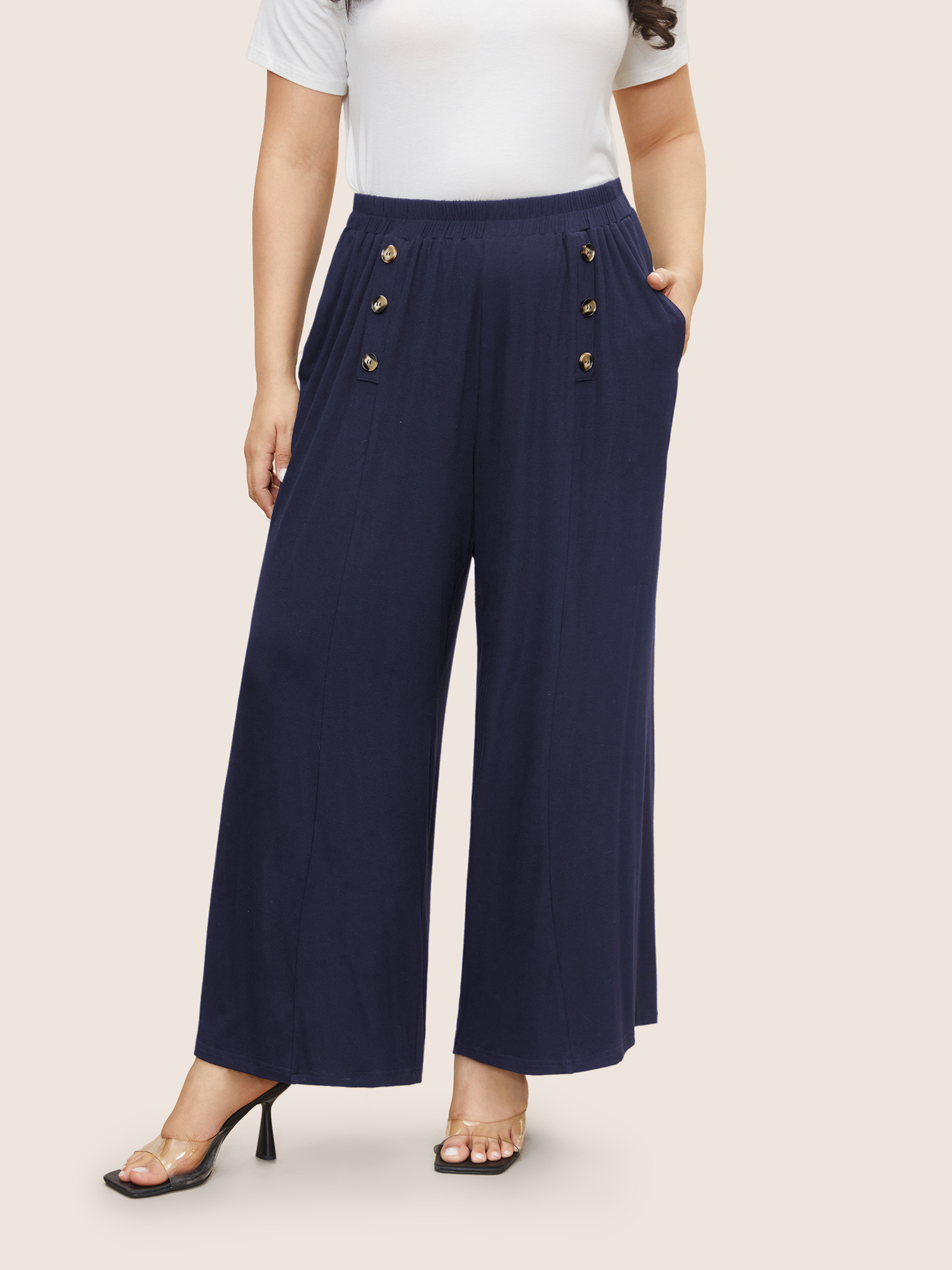 

Plus Size Supersoft Essentials Button Detail Wide Leg Pants Women Indigo Elegant Wide Leg High Rise Everyday Pants BloomChic