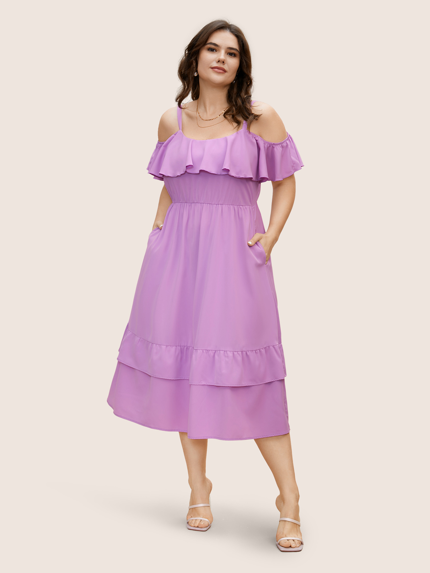 

Plus Size One Shoulder Neck Tiered Ruffles Midi Dress Lilac Women Tiered One-shoulder neck Short sleeve Curvy BloomChic
