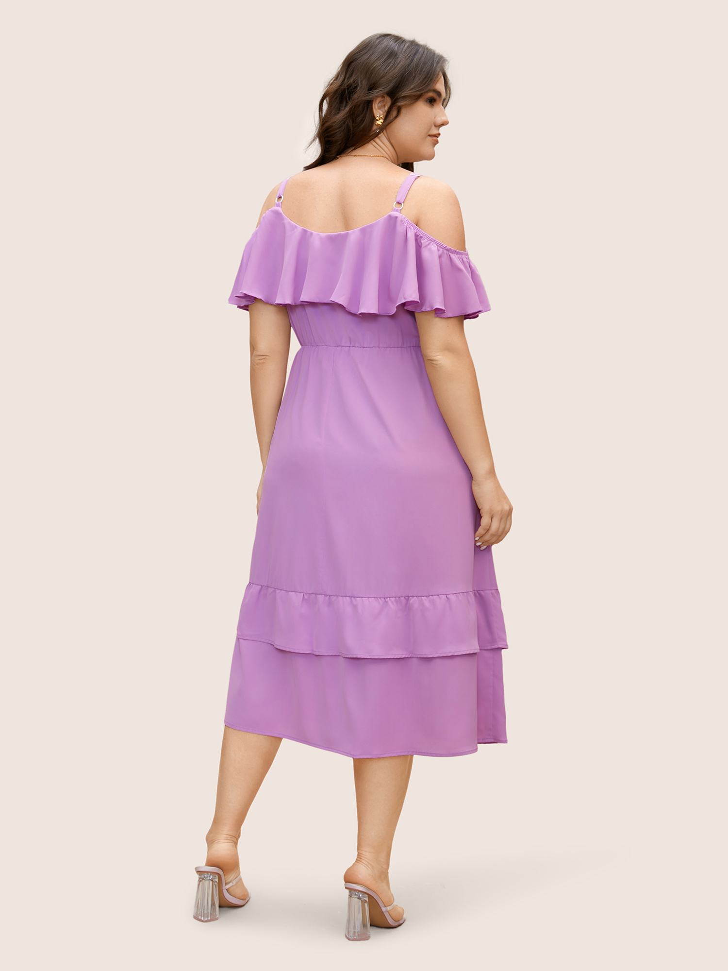 

Plus Size Off Shoulder Neck Tiered Ruffles Midi Dress Lilac Women Elegant Tiered One-shoulder neck Short sleeve Curvy BloomChic