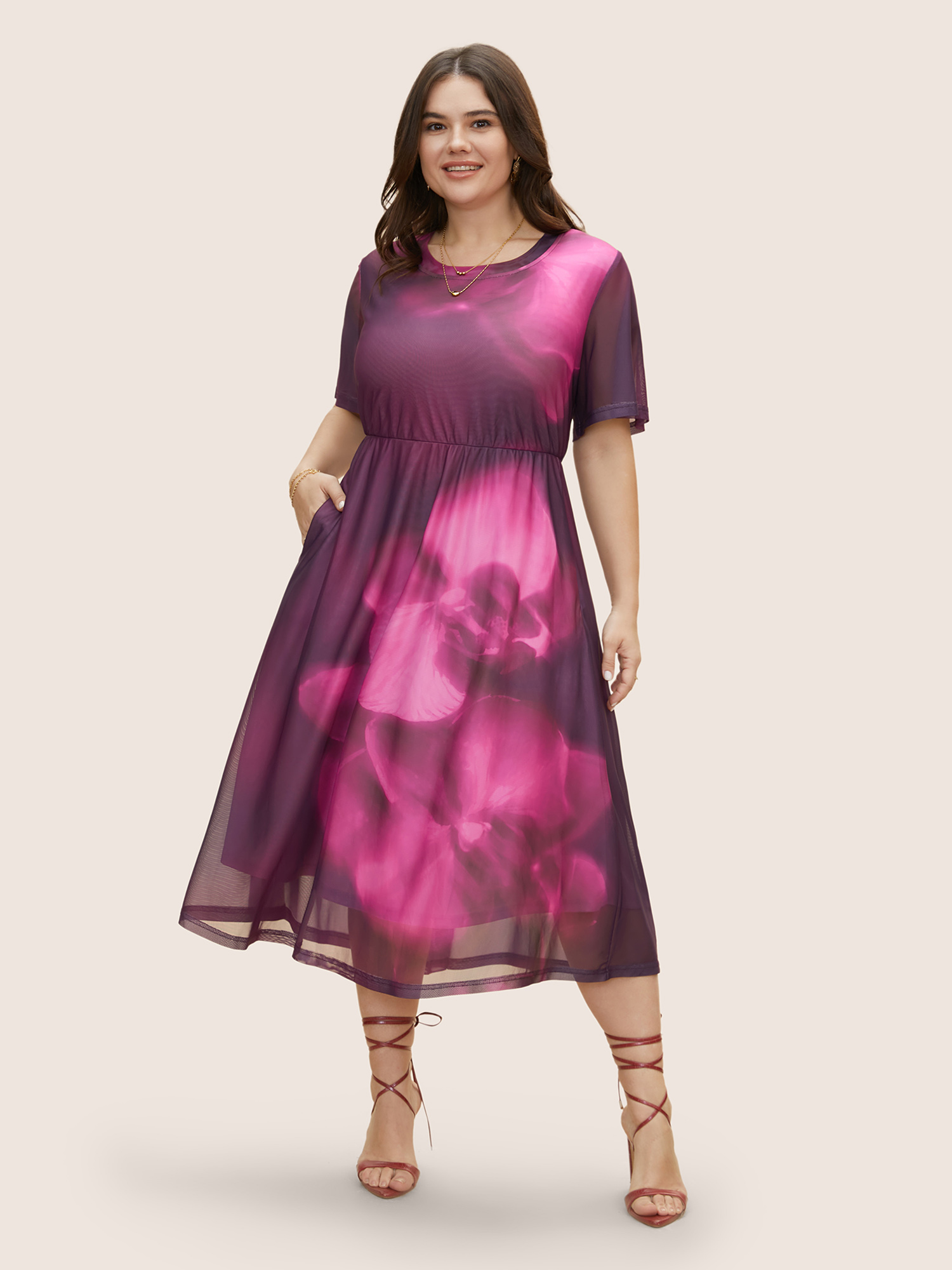 

Plus Size Butterfly Orchid Mesh Ruffle Sleeve Midi Dress Mauve Women See through Round Neck Short sleeve Curvy BloomChic