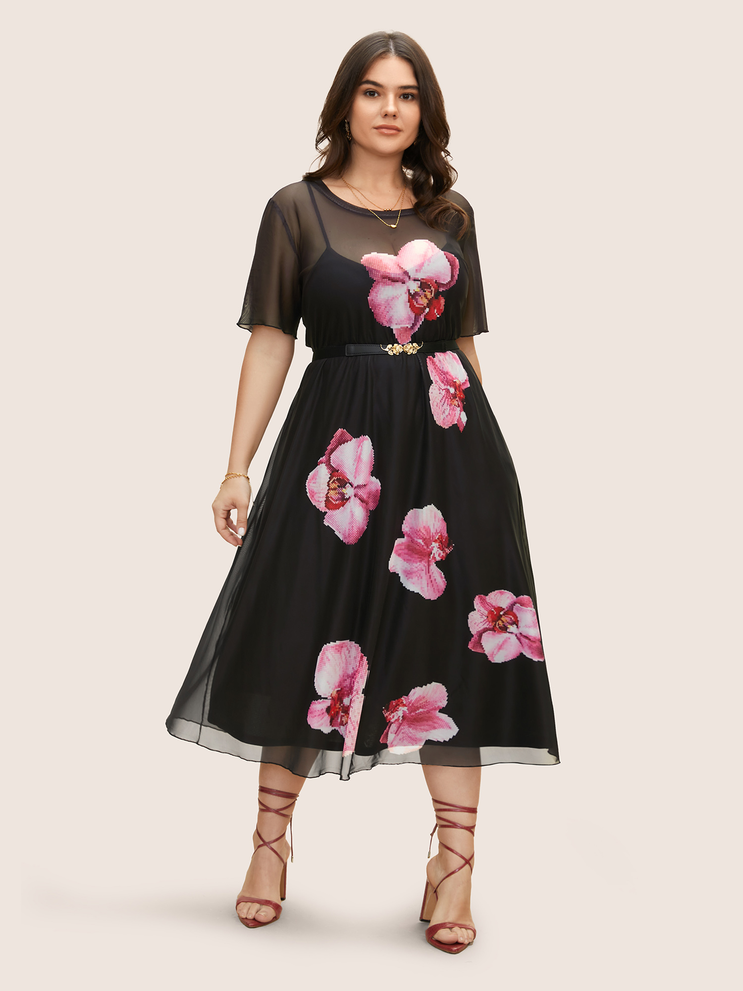 

Plus Size Crew Neck Mesh Butterfly Orchid Midi Dress Black Women See through Round Neck Short sleeve Curvy BloomChic