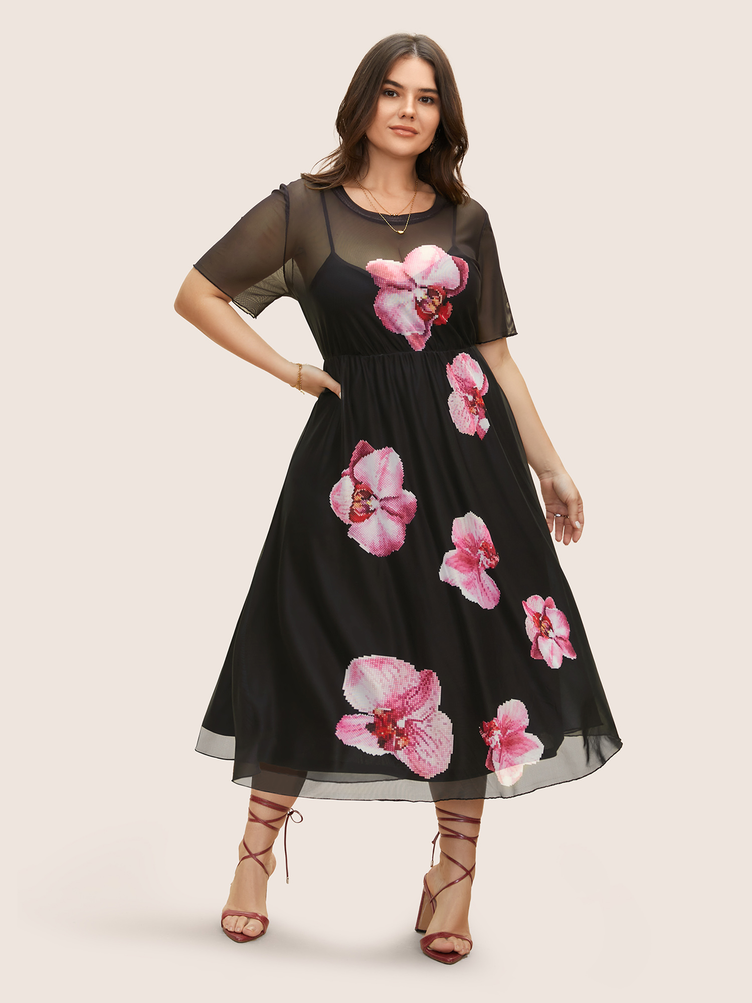 

Plus Size Crew Neck Mesh Butterfly Orchid Midi Dress Black Women See through Round Neck Short sleeve Curvy BloomChic