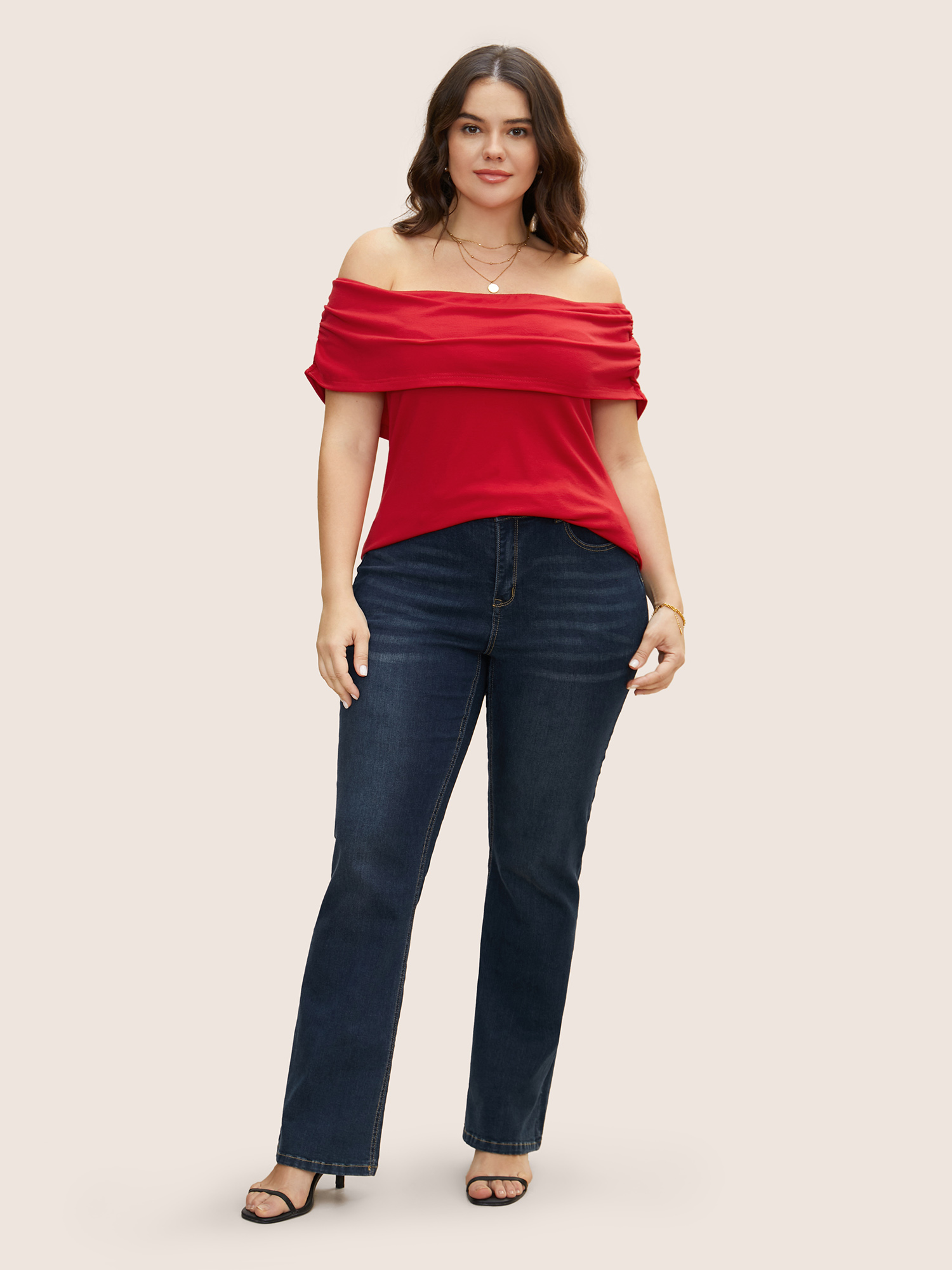 

Plus Size Supersoft Essentials One Shoulder Neck Gathered T-shirt Brightred One-shoulder neck Short sleeve Elegant Jersey Tops