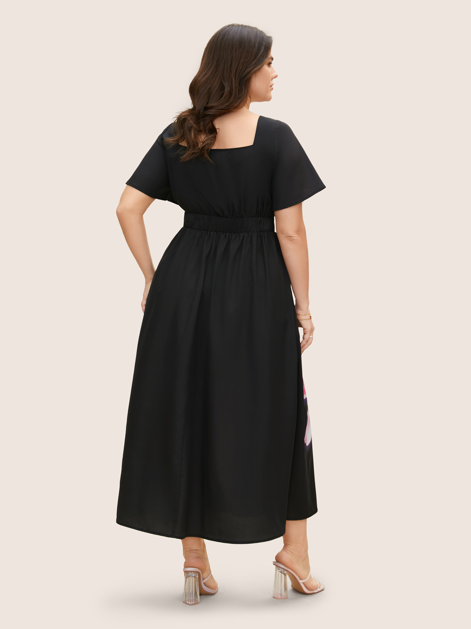 

Plus Size Lily Print Square Neck Ruffle Sleeve Midi Dress Black Women Elegant Gathered Square Neck Short sleeve Curvy BloomChic