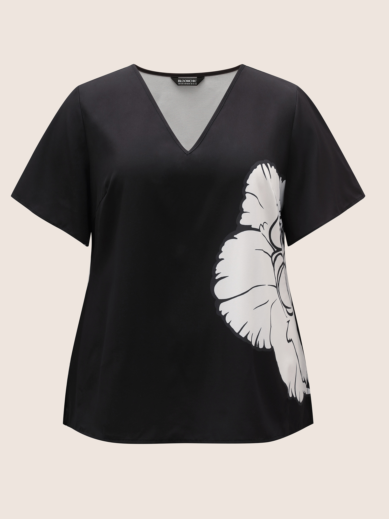 

Plus Size Black Carnation Print Contrast Ruffle Sleeve Blouse Women Elegant Short sleeve V-neck Everyday Blouses BloomChic