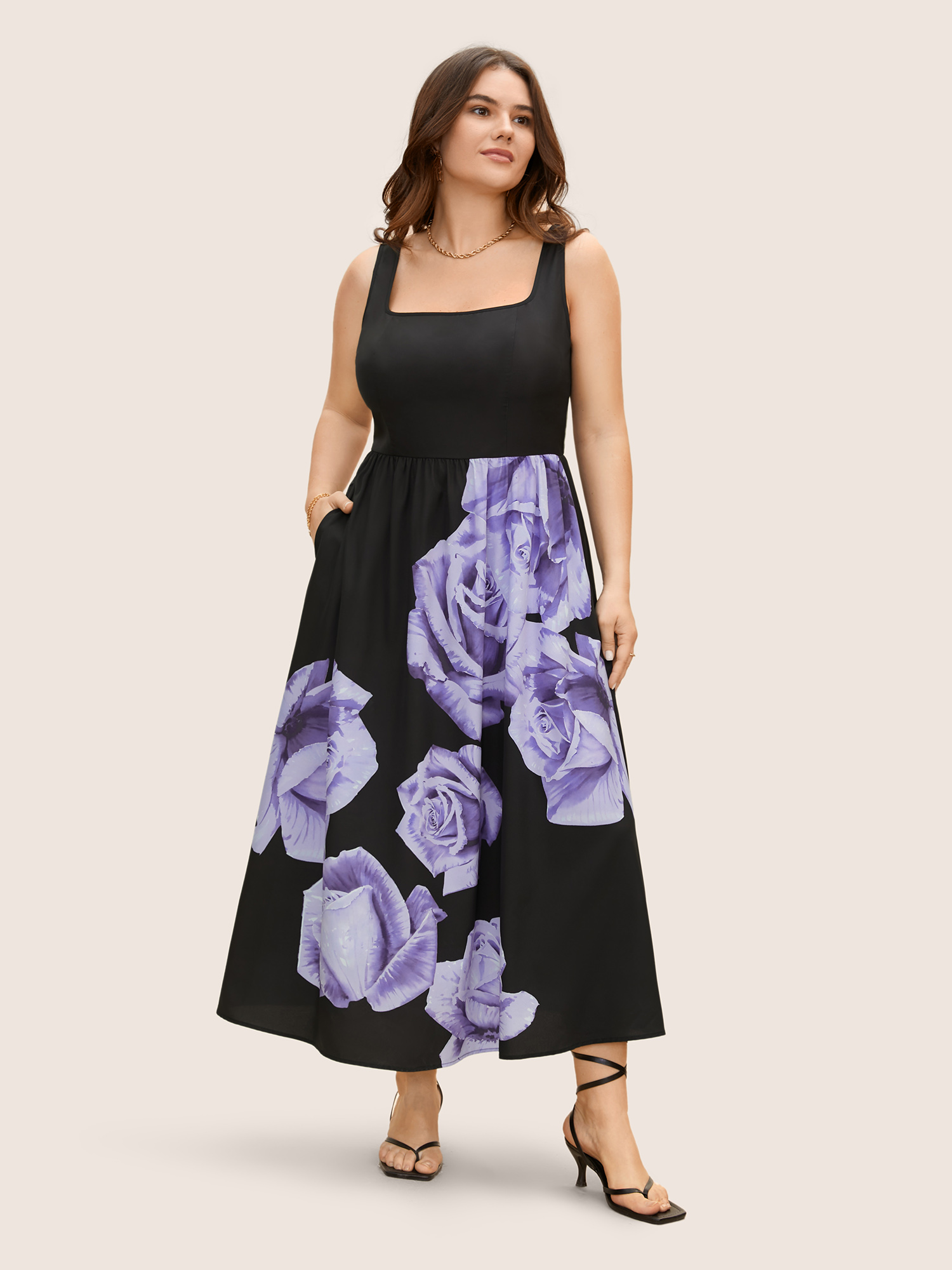 

Plus Size Square Neck Rose Print Elastic Waist Maxi Dress Black Women Elegant Gathered Square Neck Sleeveless Curvy BloomChic