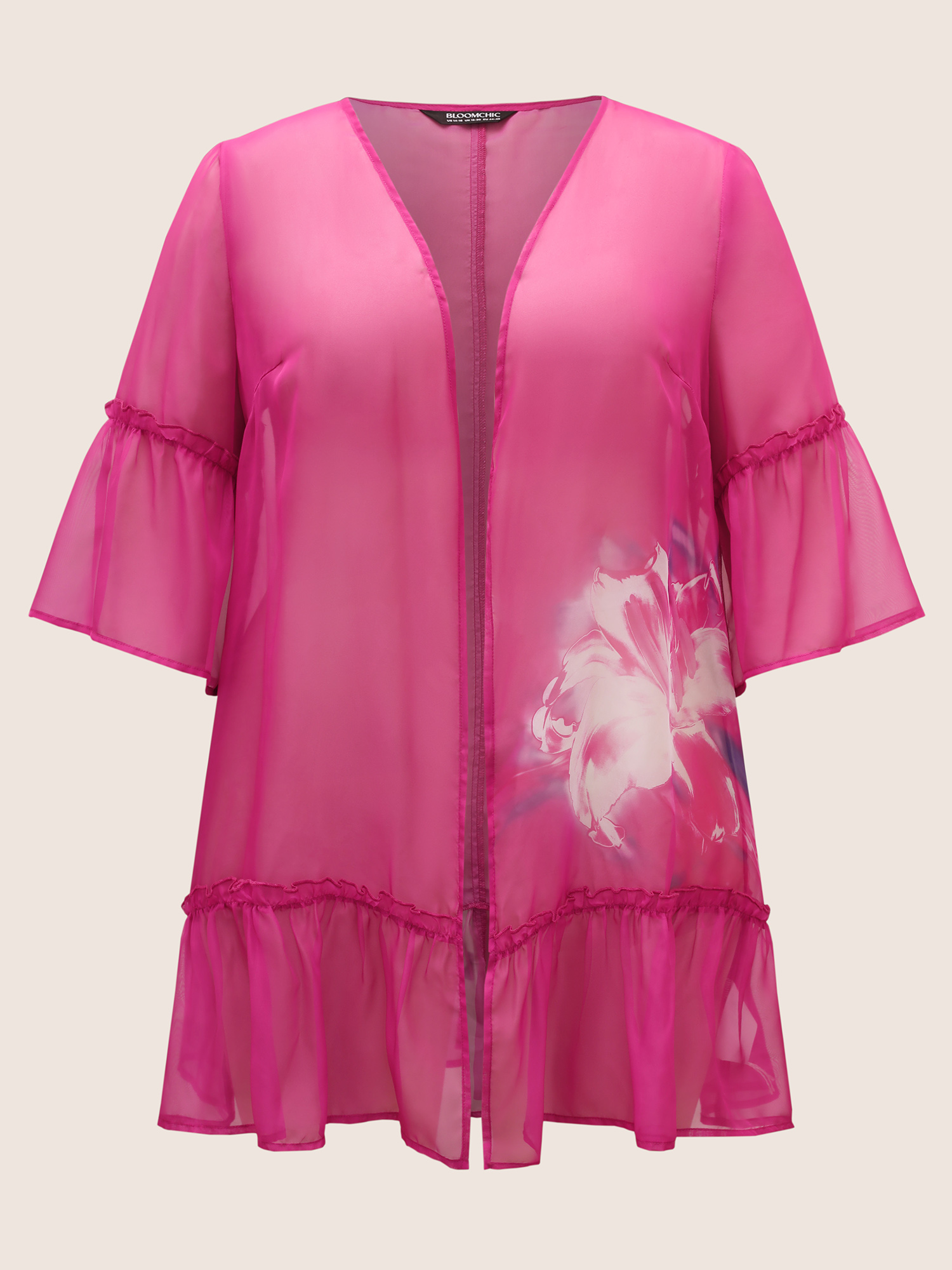 

Plus Size Lily Print Mesh Patchwork Ruffles Kimono Women Peach Elegant Contrast Everyday Kimonos BloomChic