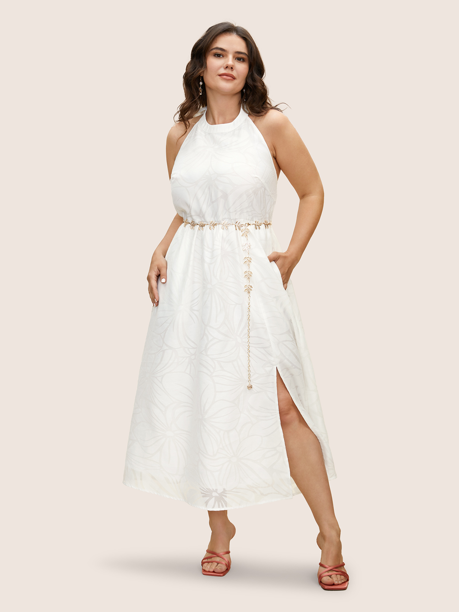 

Plus Size Halter Textured Lily Print Split Side Dress Opticwhite Women Texture Halter neck Sleeveless Curvy BloomChic