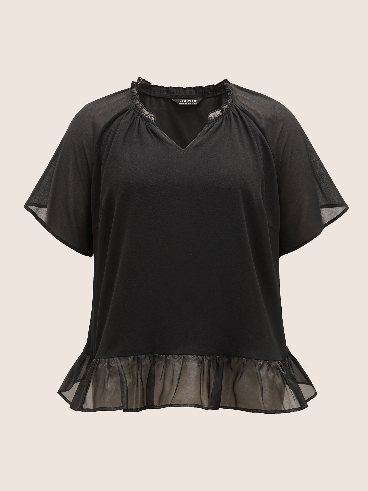 

Plus Size Black V Neck Meah Patchwork Ruffle Trim Blouse Women Elegant Short sleeve V-neck Everyday Blouses BloomChic