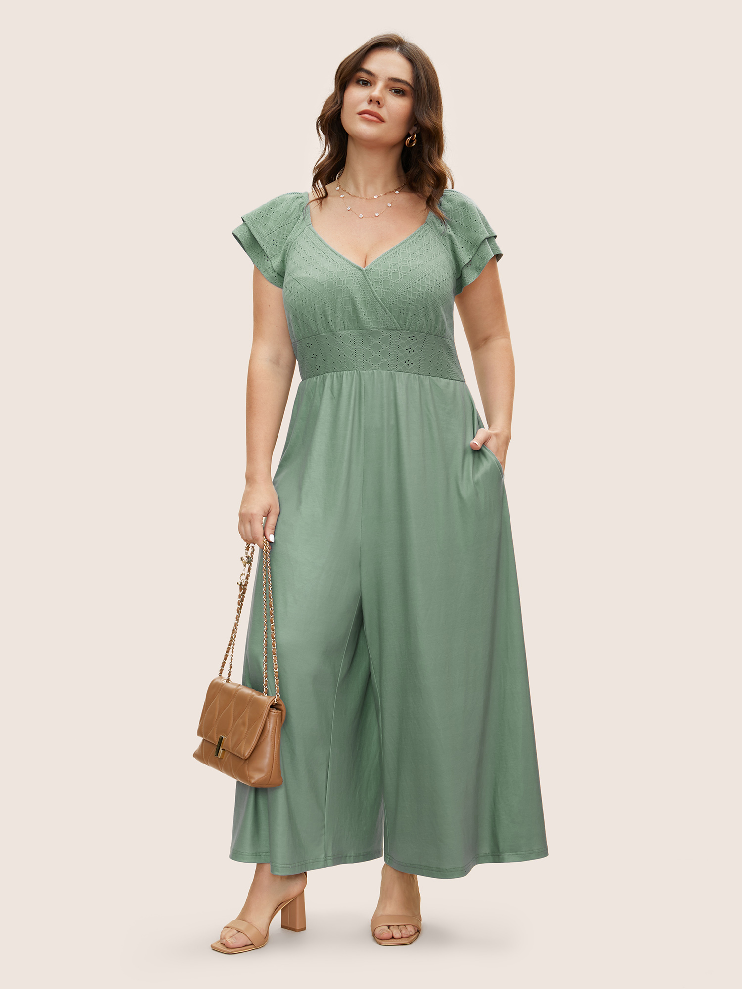 

Plus Size Sage Eyelet Embroidery Tiered Ruffle Trim Jumpsuit Women Elegant Cap Sleeve Heart neckline Everyday Loose Jumpsuits BloomChic