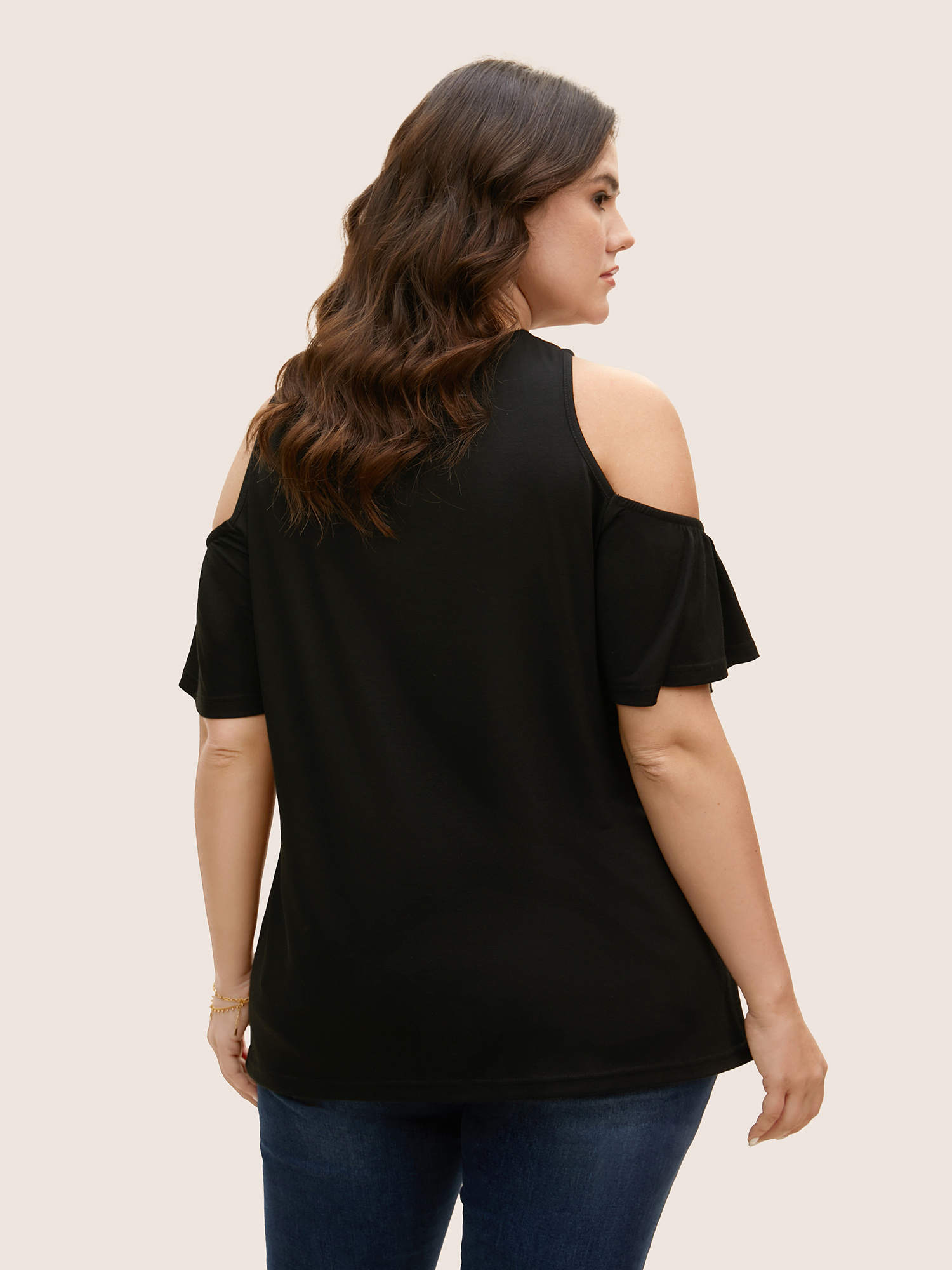 

Plus Size Solid Overlap Collar Ruffle Sleeve T-shirt Black Women Elegant Ruffles Overlap Collar Everyday T-shirts BloomChic