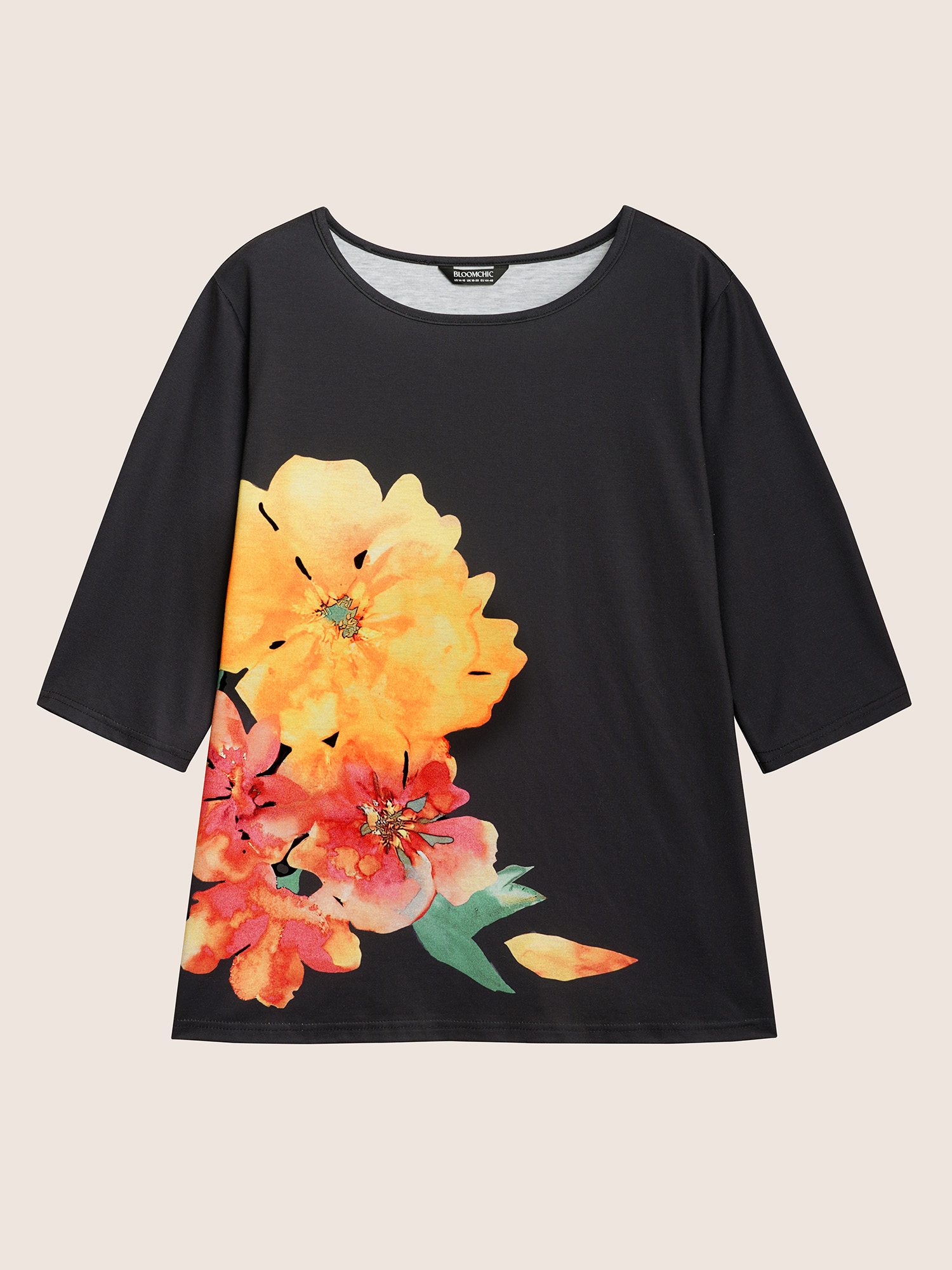 

Plus Size Round Neck Carnation Print T-shirt Black Women Elegant Contrast Natural Flowers Round Neck Everyday T-shirts BloomChic