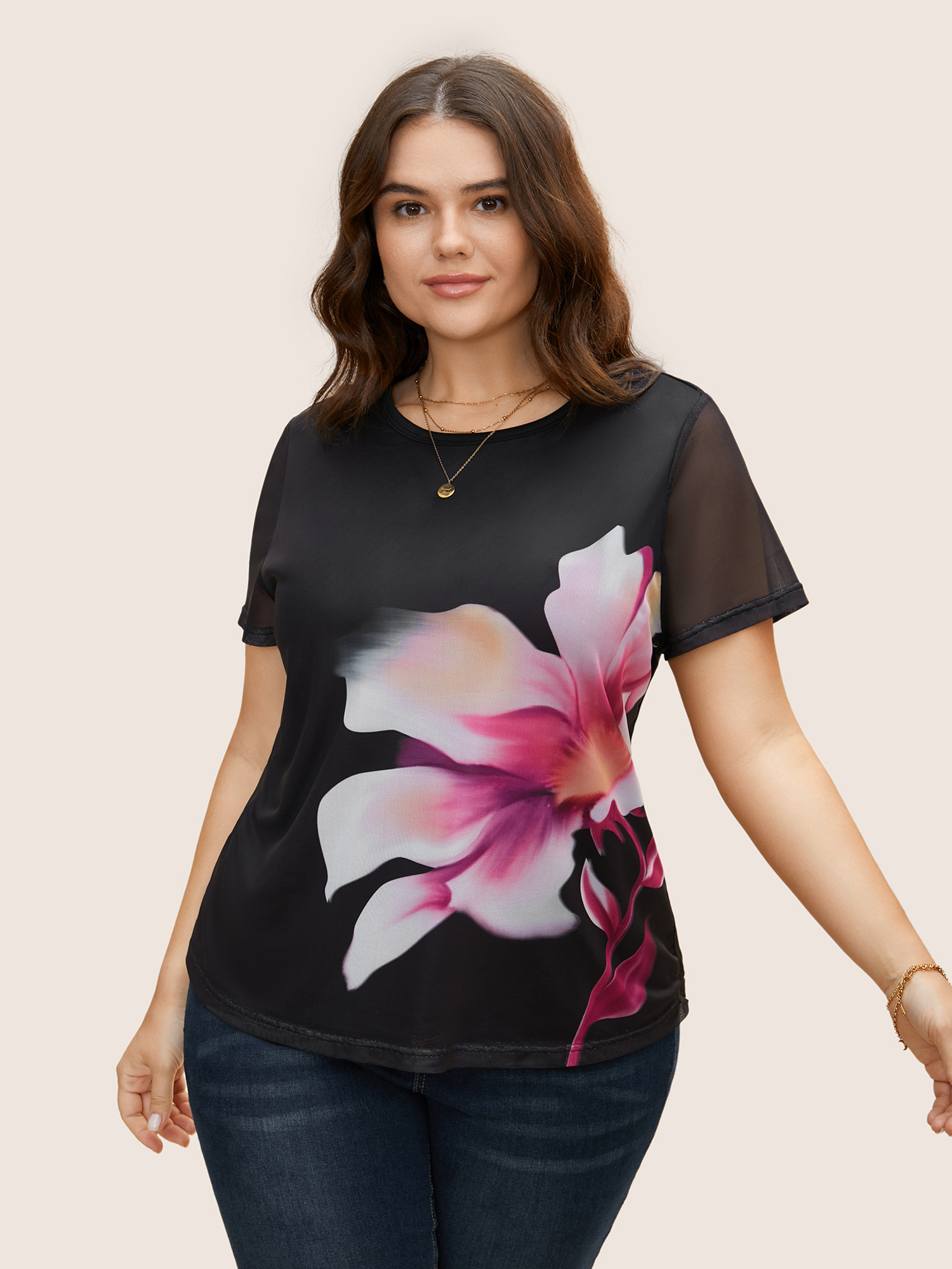 

Plus Size Round Neck Lily Print Patchwork Mesh T-shirt Black Women Elegant See through Natural Flowers Round Neck Everyday T-shirts BloomChic