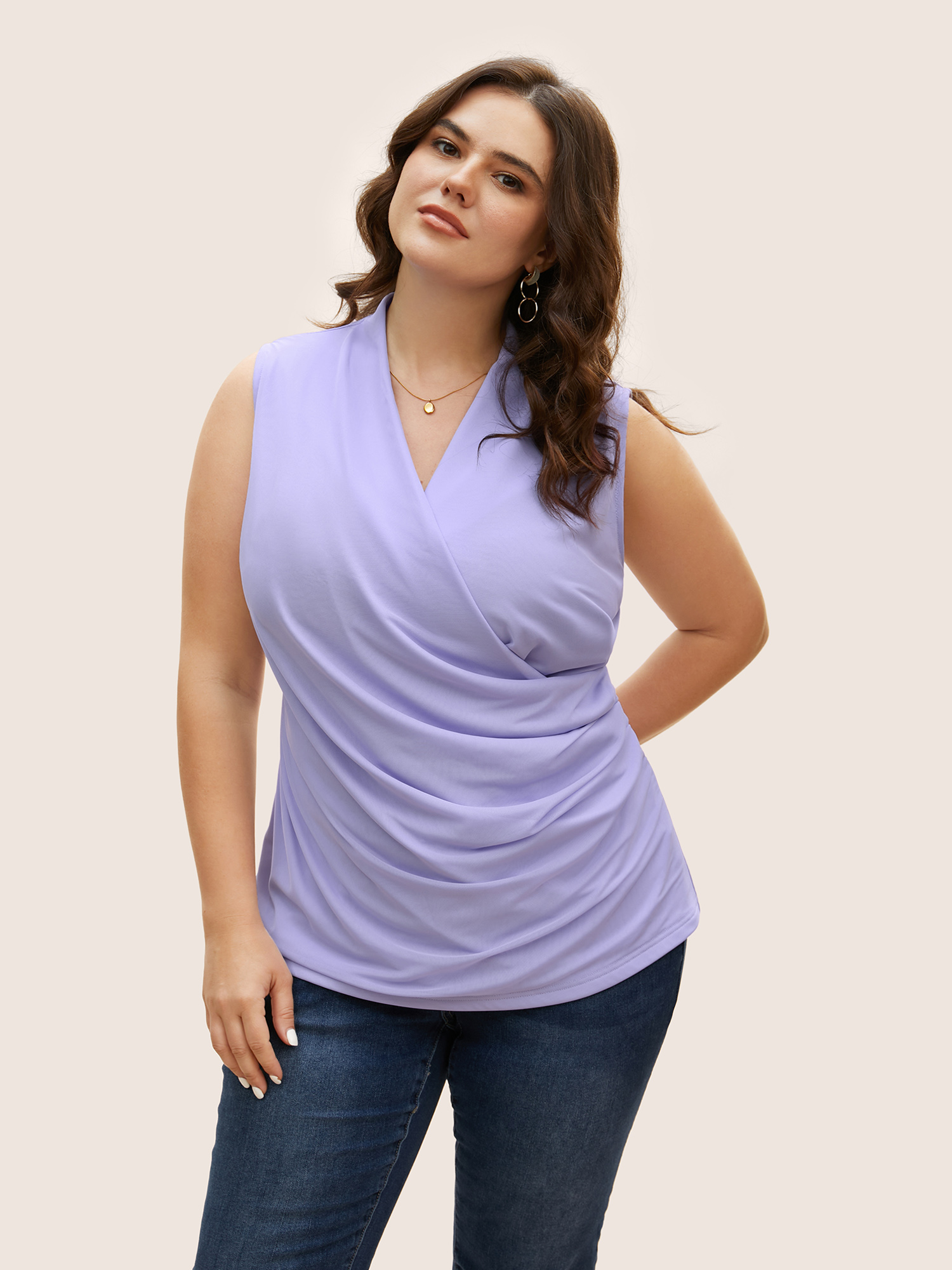 

Plus Size Overlap Collar Solid Pleated Tank Top Women Lavender Elegant Pleated Overlap Collar Everyday Tank Tops Camis BloomChic