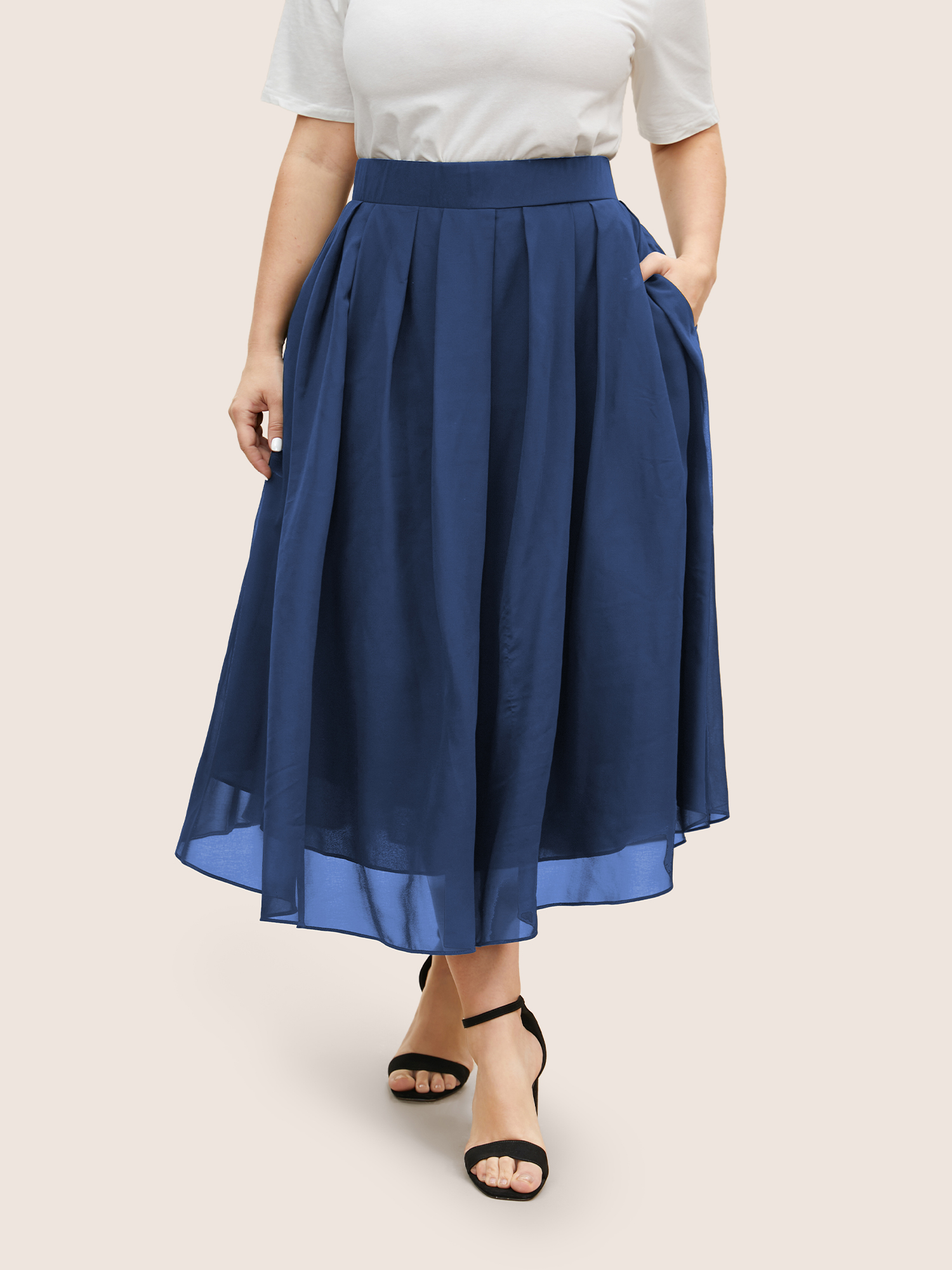

Plus Size Chiffon Solid See Through Tiered Skirt Women Navy Elegant See through No stretch Side seam pocket Everyday Skirts BloomChic