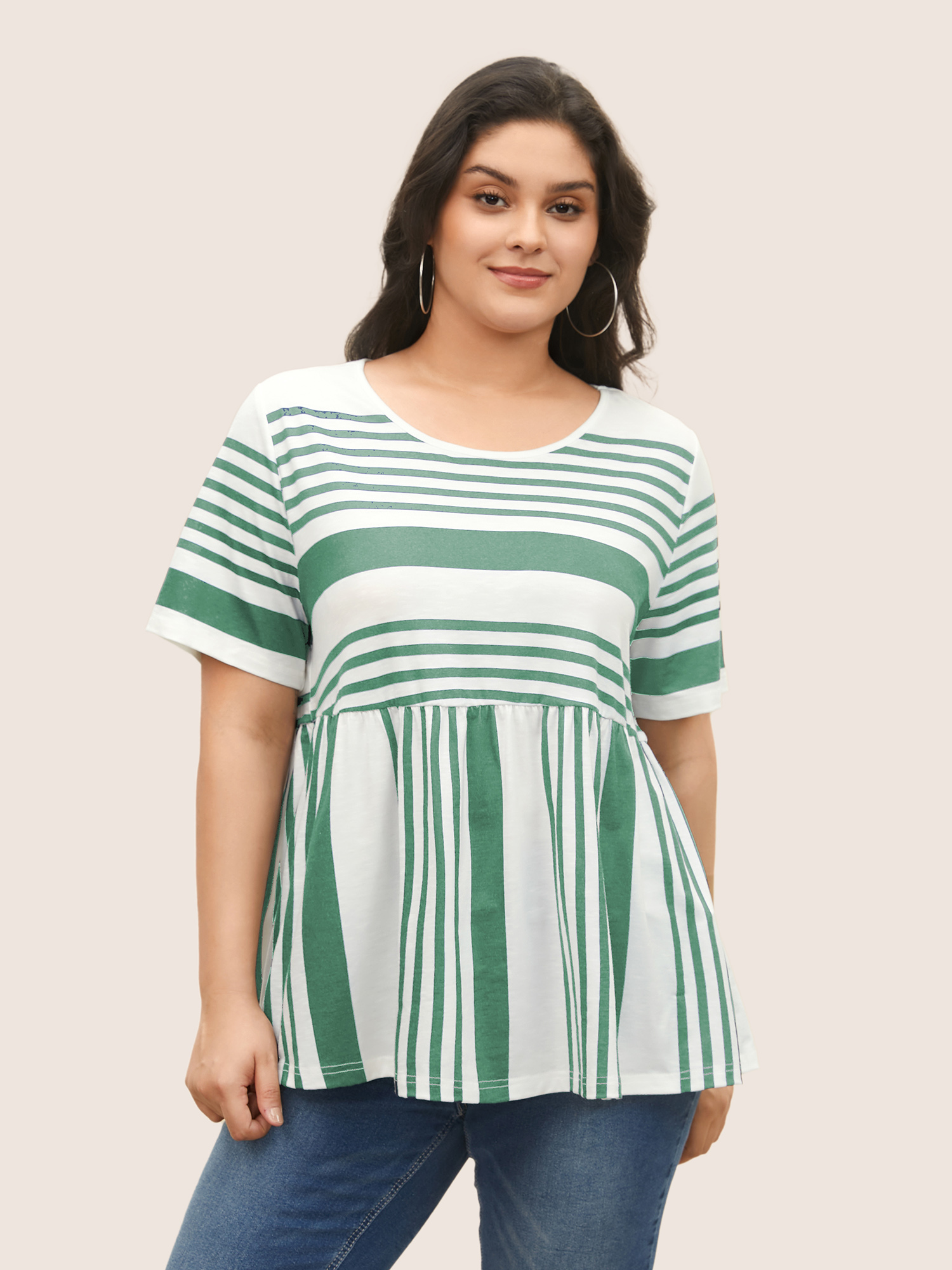 

Striped Print Elastic Waist Round Neck T-shirt, Palemauve