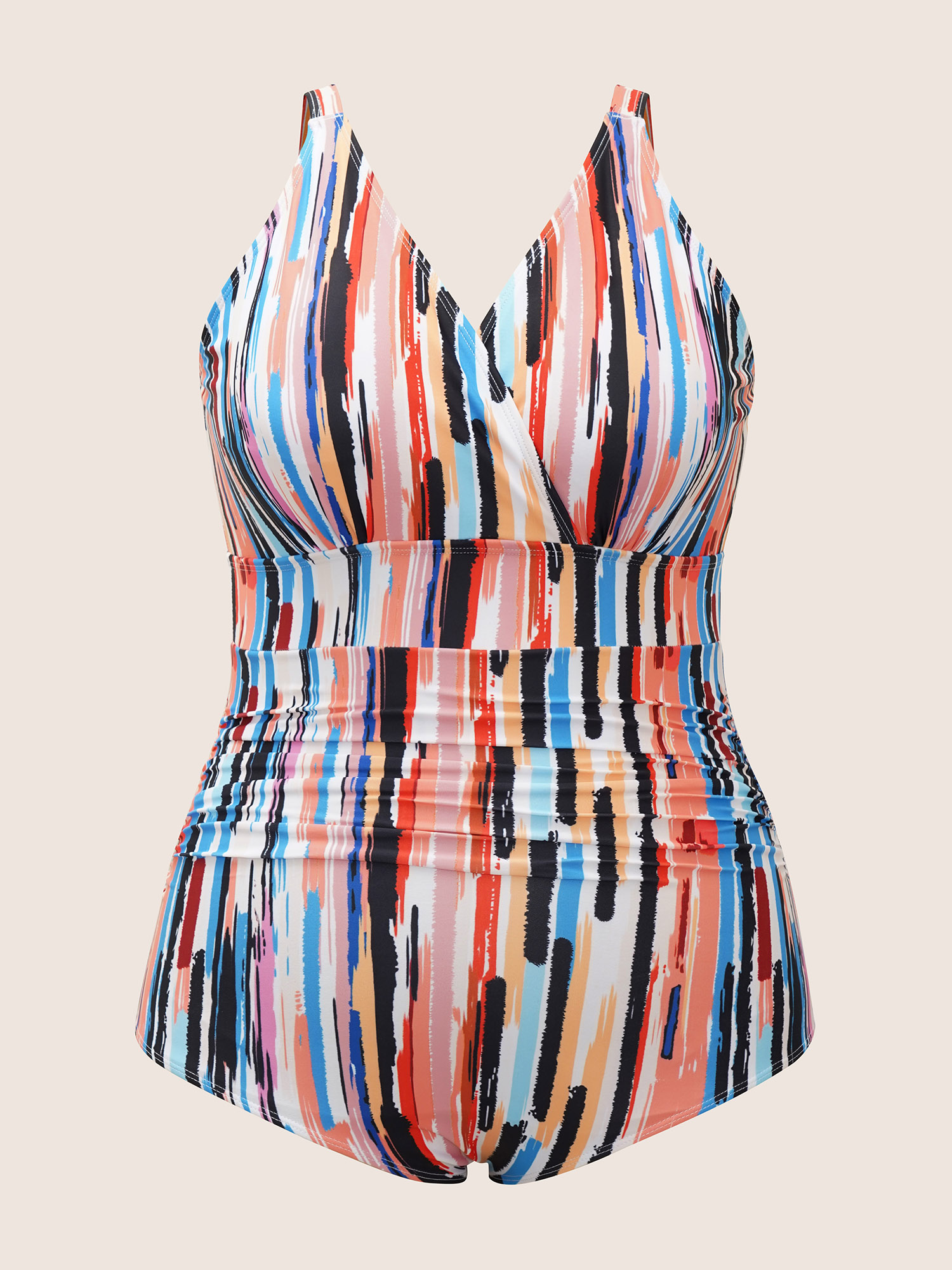 Plus Size Brush Print Wrap Ruched One Piece Swimsuit Women`s Swimwear Multicolor Beach Contrast Curve Bathing Suits High stretch One Pieces BloomChic 26/4X 