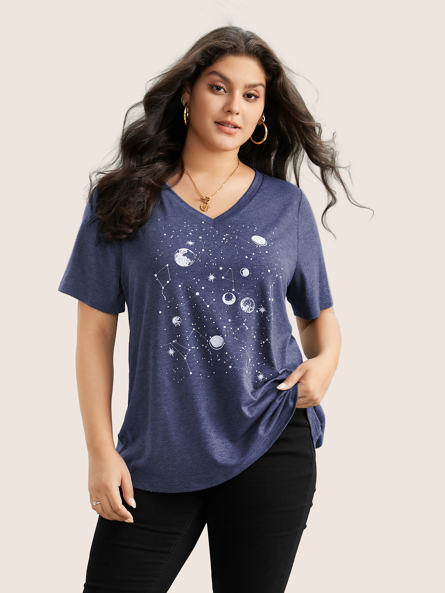 Plus Size Moon and Star Print V Neck T-shirt DarkBlue Women Casual Non Star and moon V-neck Everyday T-shirts BloomChic 30/6X 