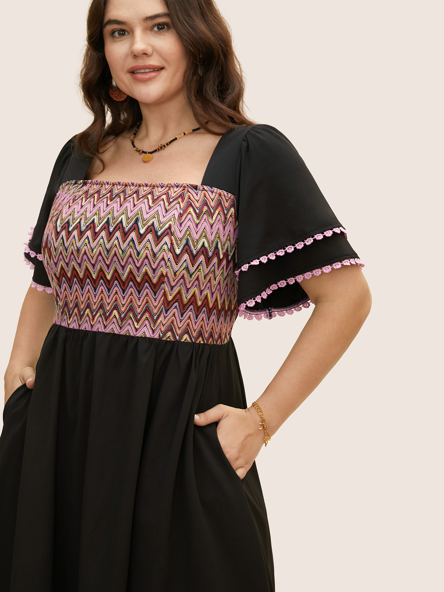 

Plus Size Square Neck Textured Tiered Ruffle Sleeve Dress Black Women Resort Woven ribbon&lace trim Square Neck Short sleeve Curvy BloomChic