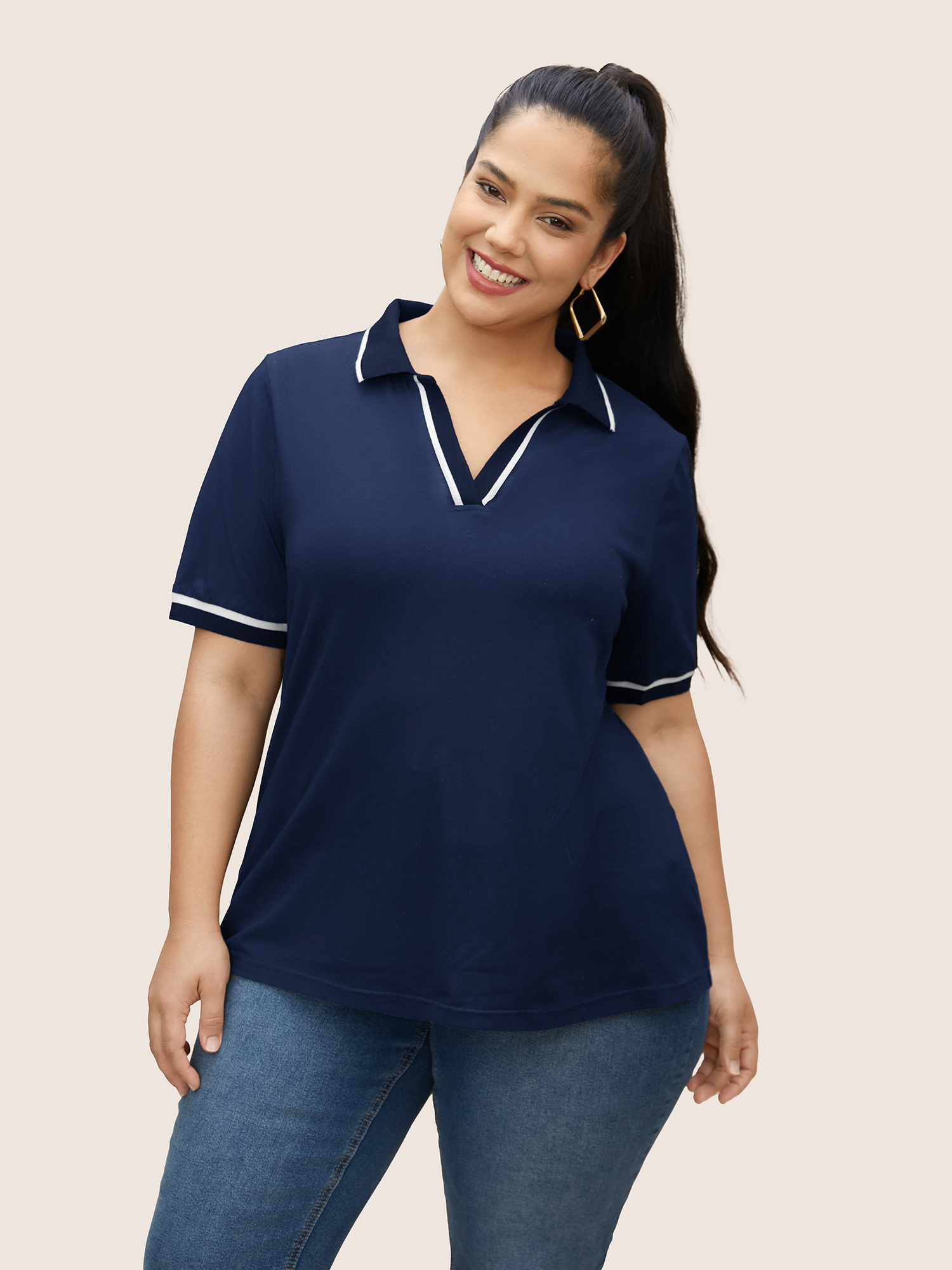 

Plus Size Polo Neck Contrast Trim Short Sleeve T-shirt Indigo Women Casual Contrast Flat collar with V-notch Everyday T-shirts BloomChic