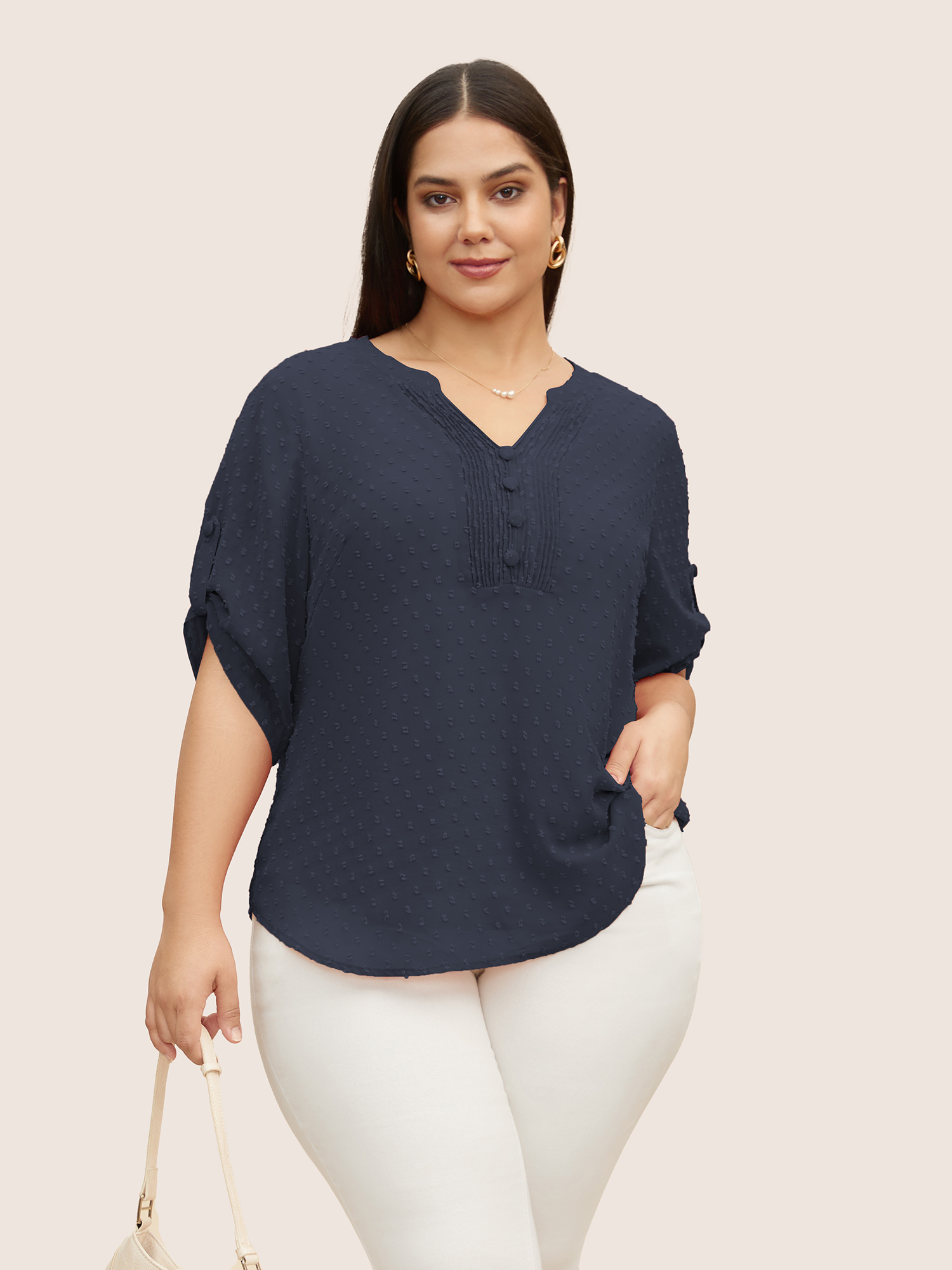 

Plus Size Indigo Chiffon Plain Textured Pleated Tab Sleeve Blouse Women At the Office Elbow-length sleeve Shirt collar Work Blouses BloomChic