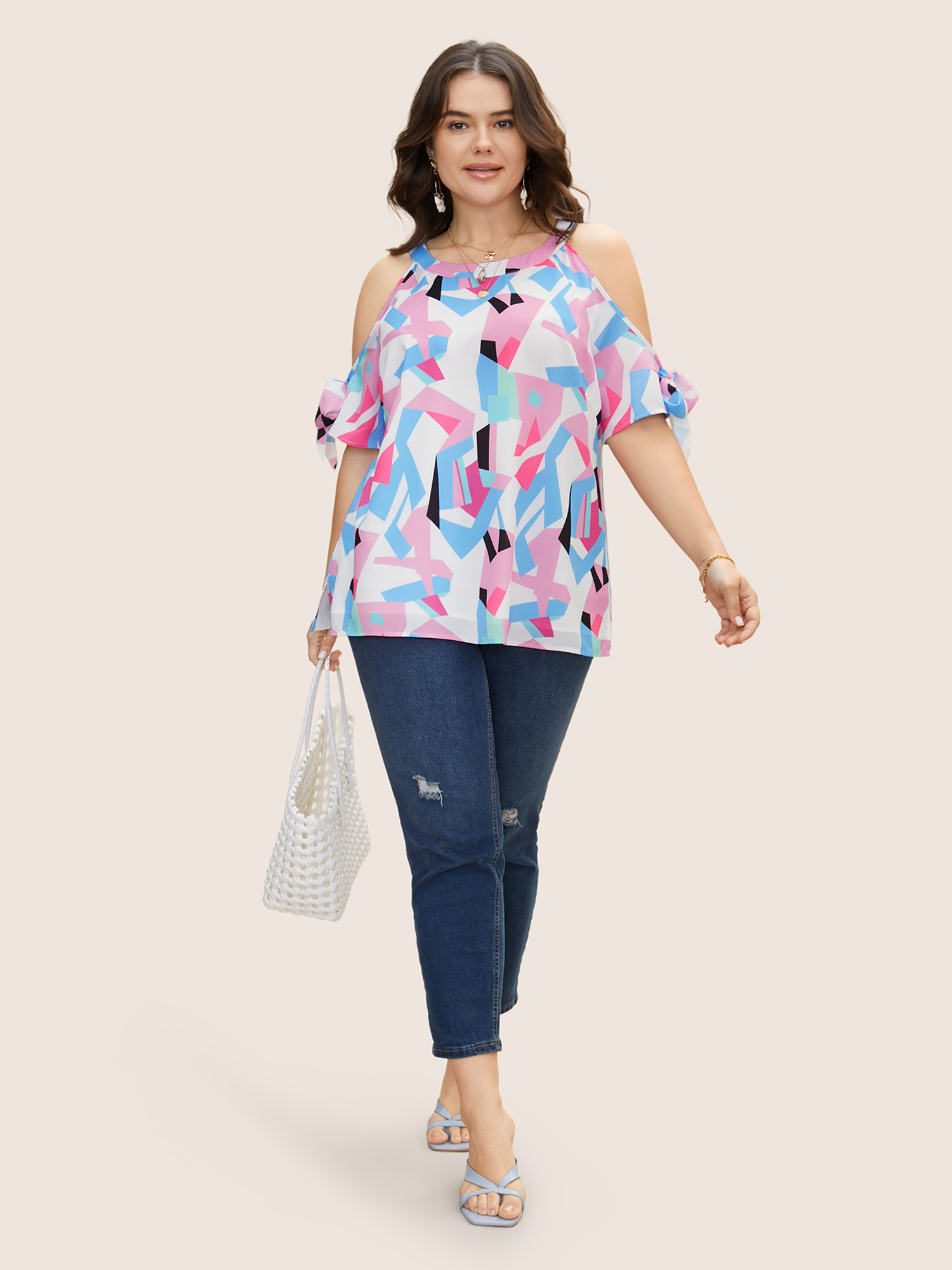 Plus Size Multicolor Contrast Geometric Cold Shoulder Ruffles Blouse Women Resort Half Sleeve Round Neck Vacation Blouses BloomChic 22-24/3X 