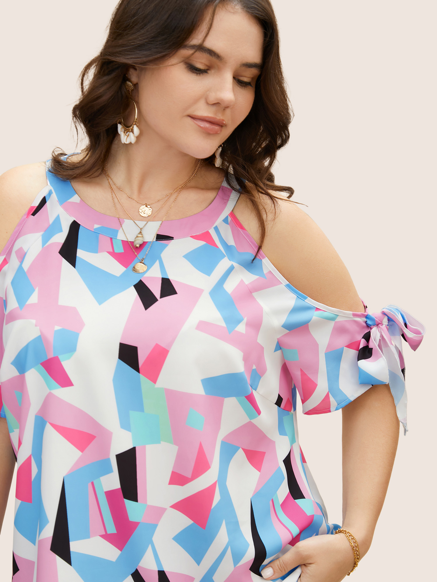 Plus Size Multicolor Contrast Geometric Cold Shoulder Ruffles Blouse Women Resort Half Sleeve Round Neck Vacation Blouses BloomChic 22-24/3X 