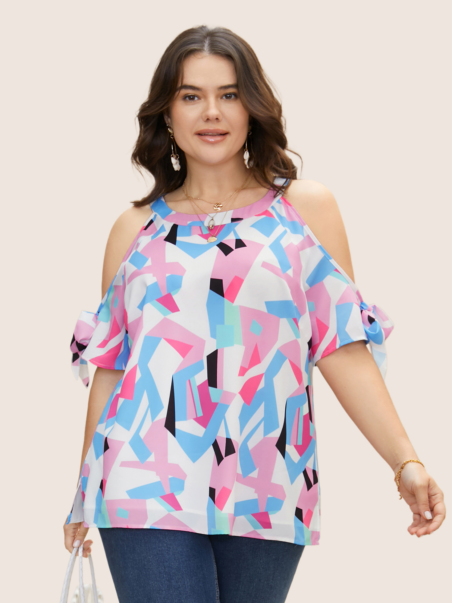 Plus Size Multicolor Contrast Geometric Cold Shoulder Ruffles Blouse Women Resort Half Sleeve Round Neck Vacation Blouses BloomChic 22-24/3X 