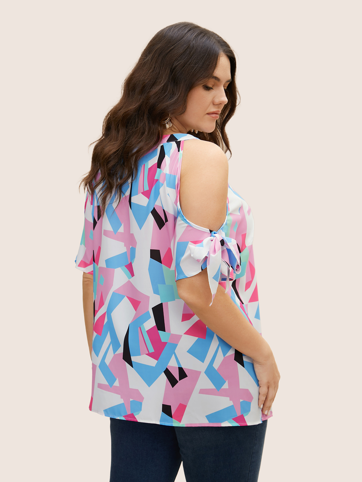 Plus Size Multicolor Contrast Geometric Cold Shoulder Ruffles Blouse Women Resort Half Sleeve Round Neck Vacation Blouses BloomChic 22-24/3X 