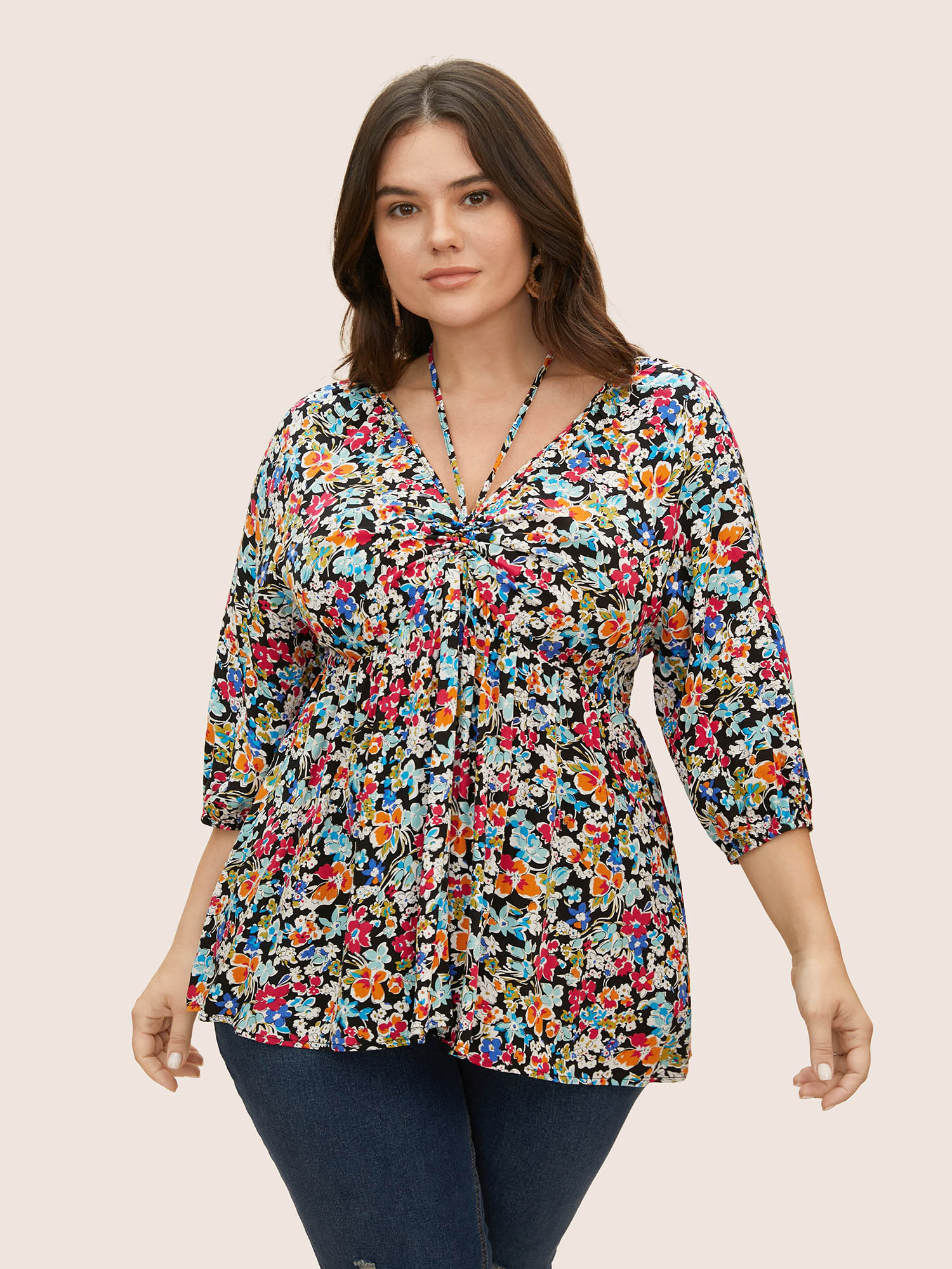 

Plus Size Black Colored Floral Tie Knot Lantern Sleeve Blouse Women Resort Elbow-length sleeve V-neck Vacation Blouses BloomChic