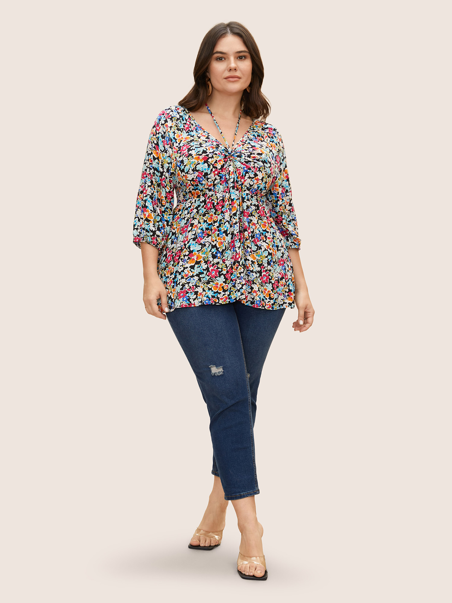 Plus Size Black Colored Floral Tie Knot Lantern Sleeve Blouse Women Resort Elbow-length sleeve V-neck Vacation Blouses BloomChic 18-20/2X 
