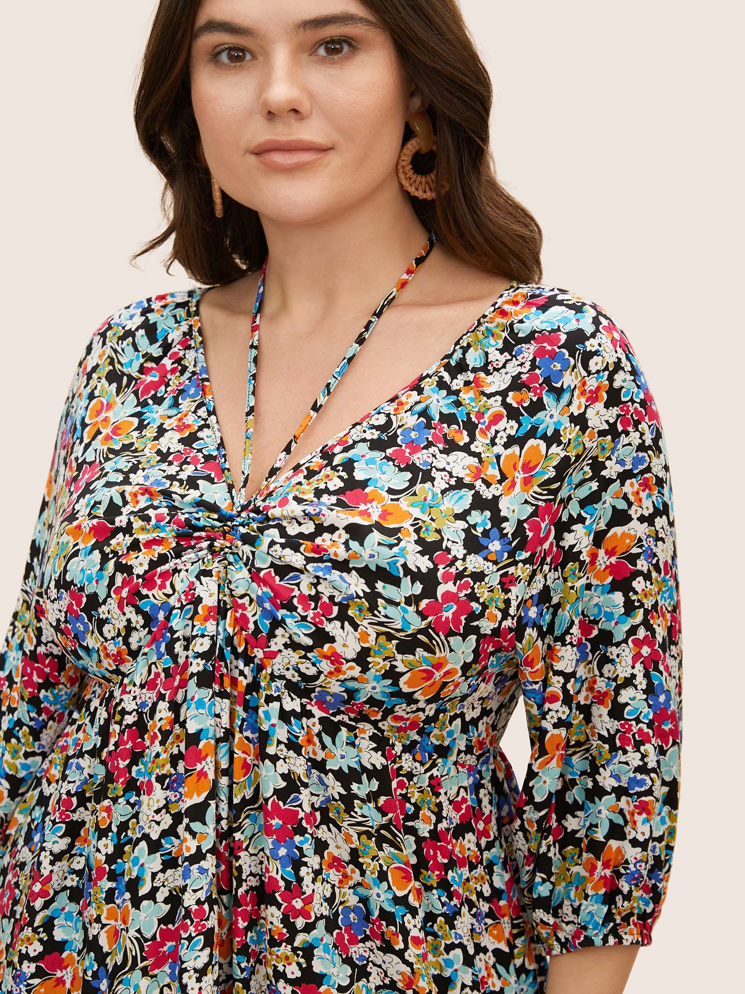 Plus Size Black Colored Floral Tie Knot Lantern Sleeve Blouse Women Resort Elbow-length sleeve V-neck Vacation Blouses BloomChic 18-20/2X 