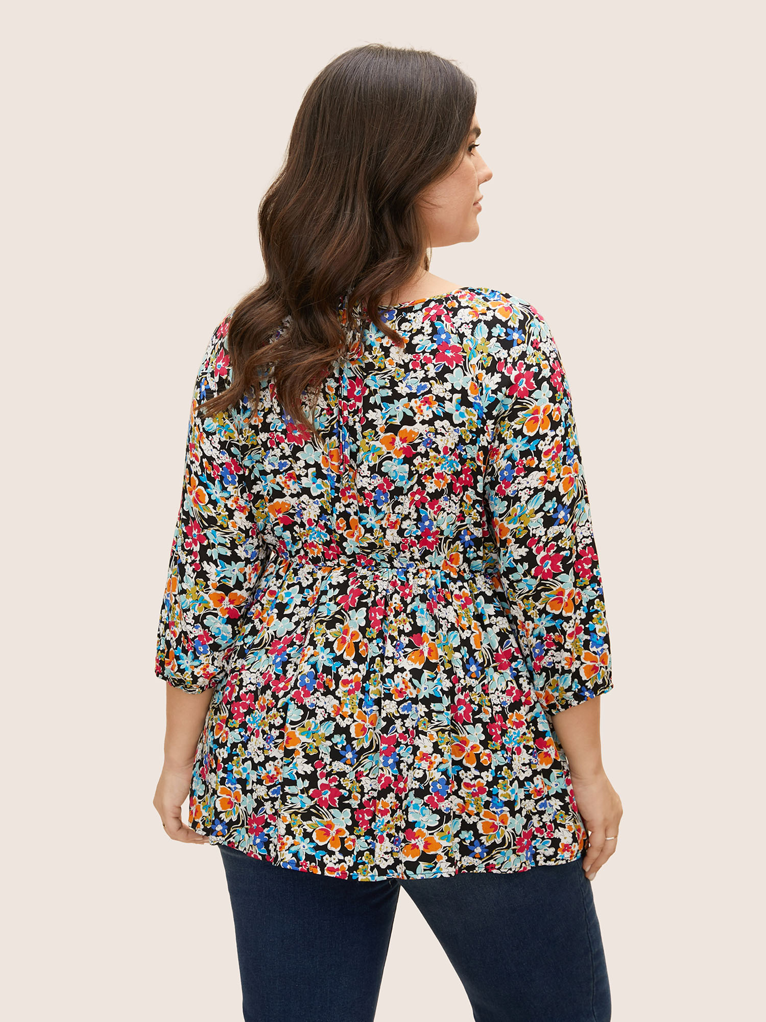 Plus Size Black Colored Floral Tie Knot Lantern Sleeve Blouse Women Resort Elbow-length sleeve V-neck Vacation Blouses BloomChic 18-20/2X 