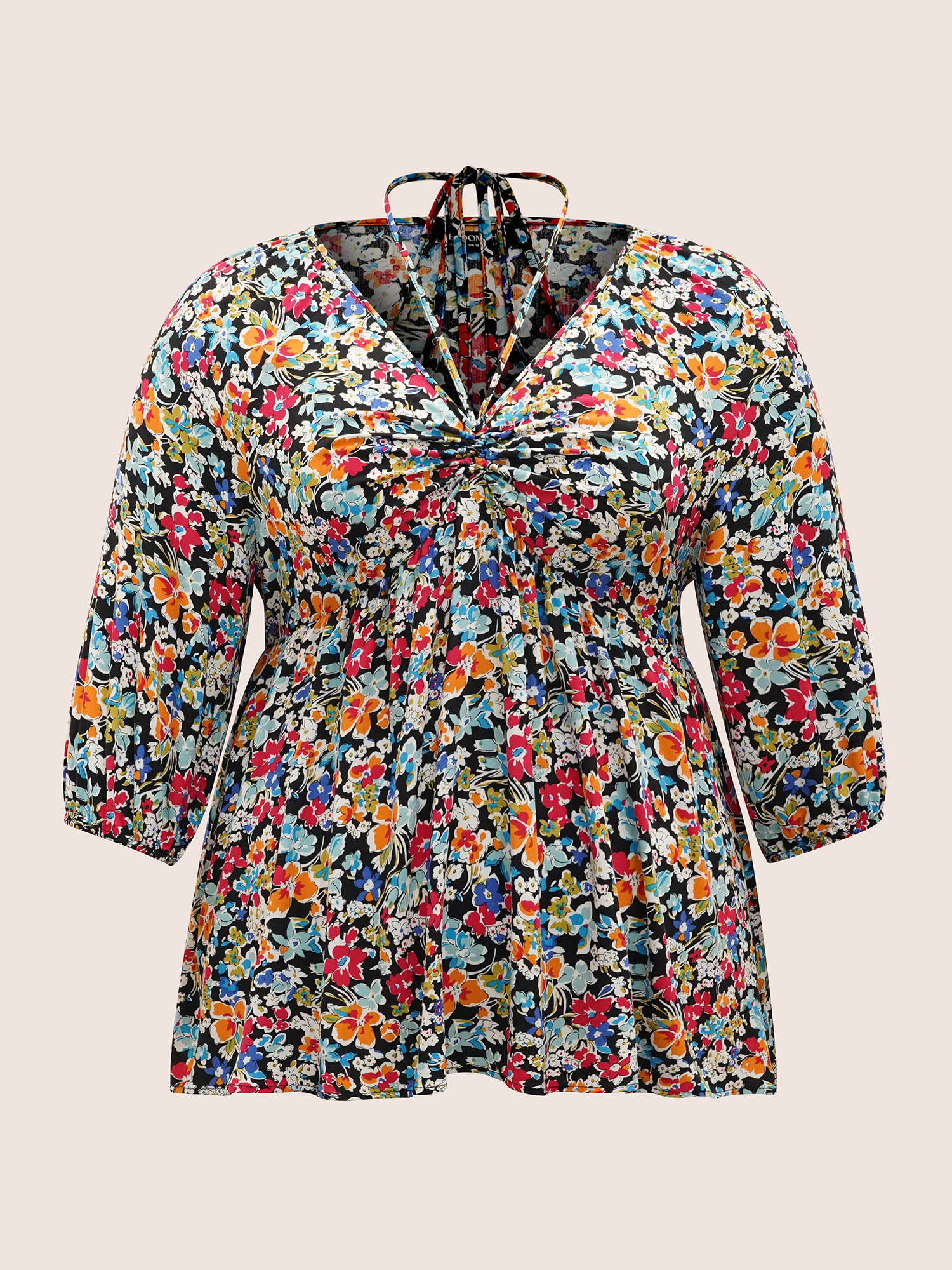 Plus Size Black Colored Floral Tie Knot Lantern Sleeve Blouse Women Resort Elbow-length sleeve V-neck Vacation Blouses BloomChic 18-20/2X 