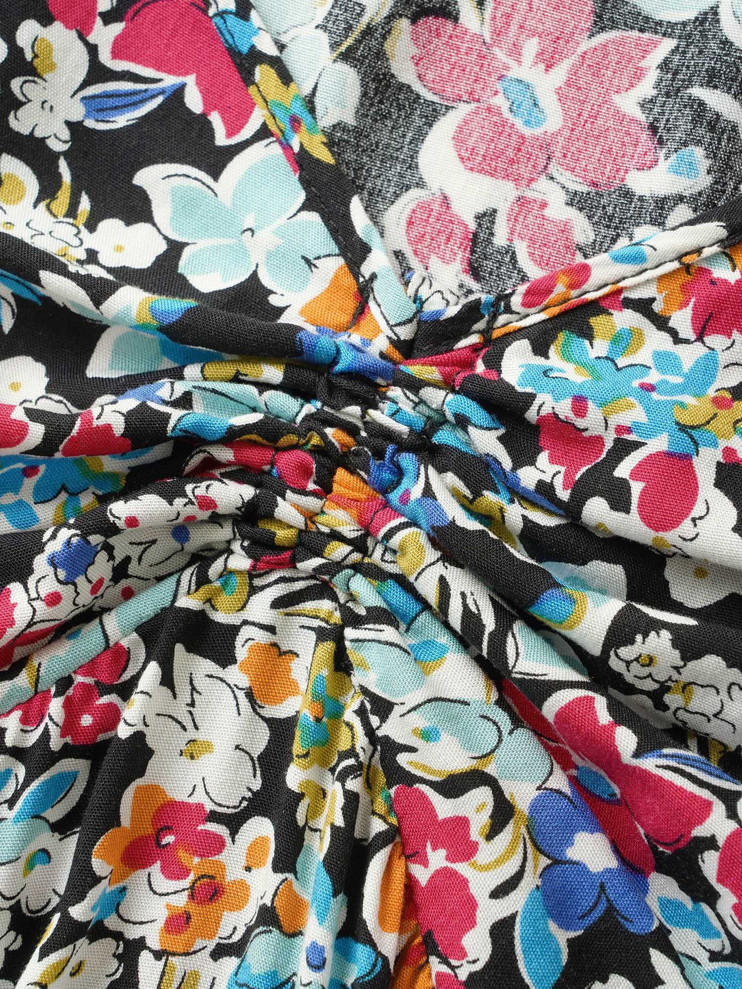 Plus Size Black Colored Floral Tie Knot Lantern Sleeve Blouse Women Resort Elbow-length sleeve V-neck Vacation Blouses BloomChic 18-20/2X 