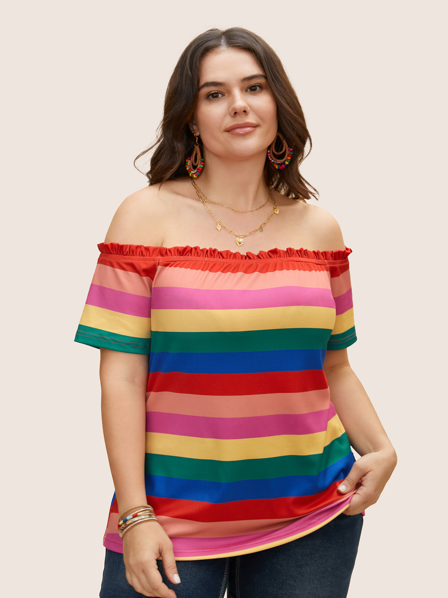 

Plus Size One Shoulder Neck Rainbow Frill Trim T-shirt Multicolor Women Resort Contrast Rainbow One-shoulder neck Vacation T-shirts BloomChic