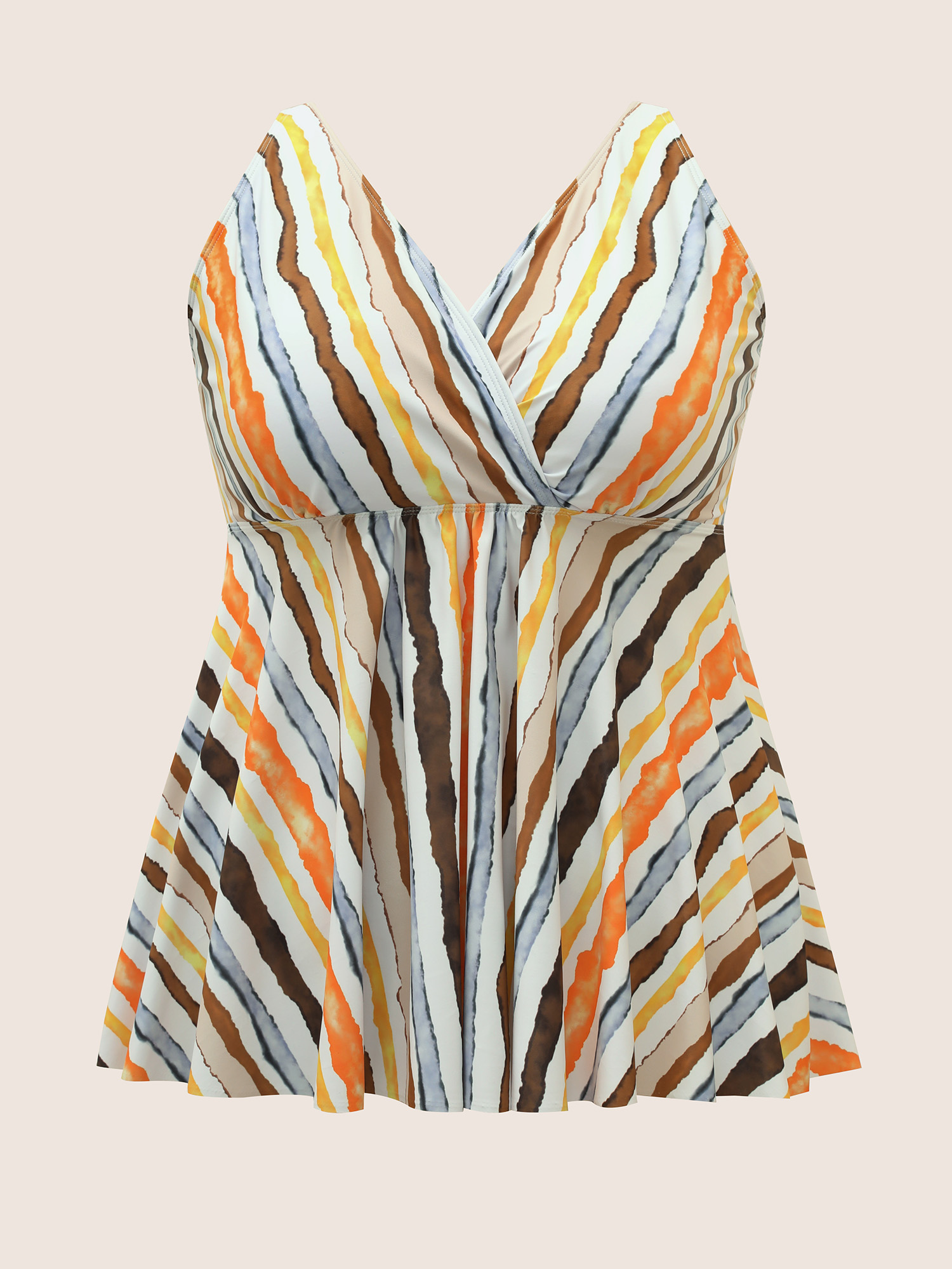 Plus Size Overlap Collar Striped Elastic Waist Swim Top Women`s Swimwear Multicolor Beach Contrast High stretch Bodycon Overlap Collar Curve Swim Tops BloomChic 22-24/3X 