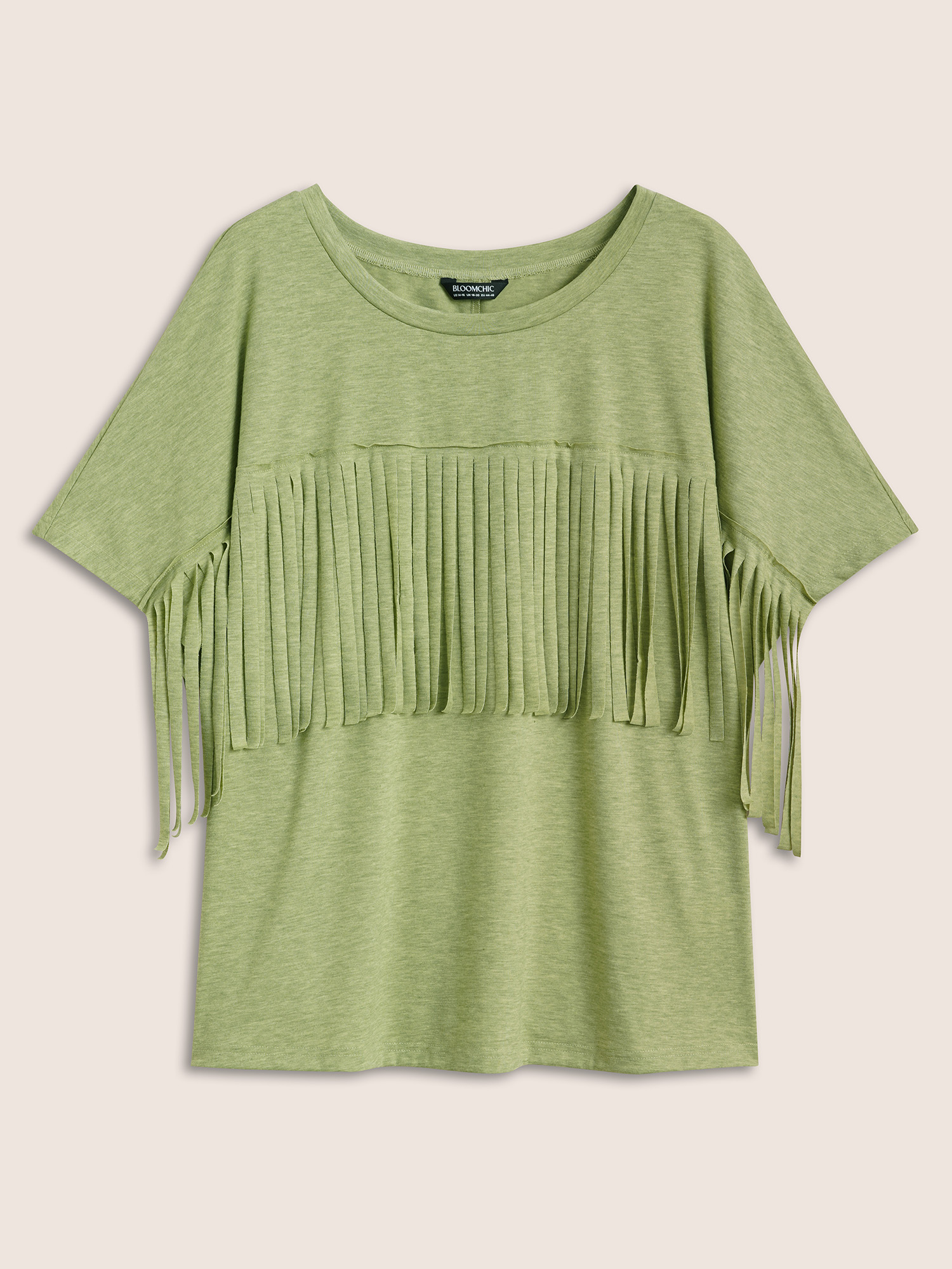 

Plus Size Solid Fringe Trim Batwing Sleeve T-shirt Applegreen Women Resort Non Round Neck Vacation T-shirts BloomChic