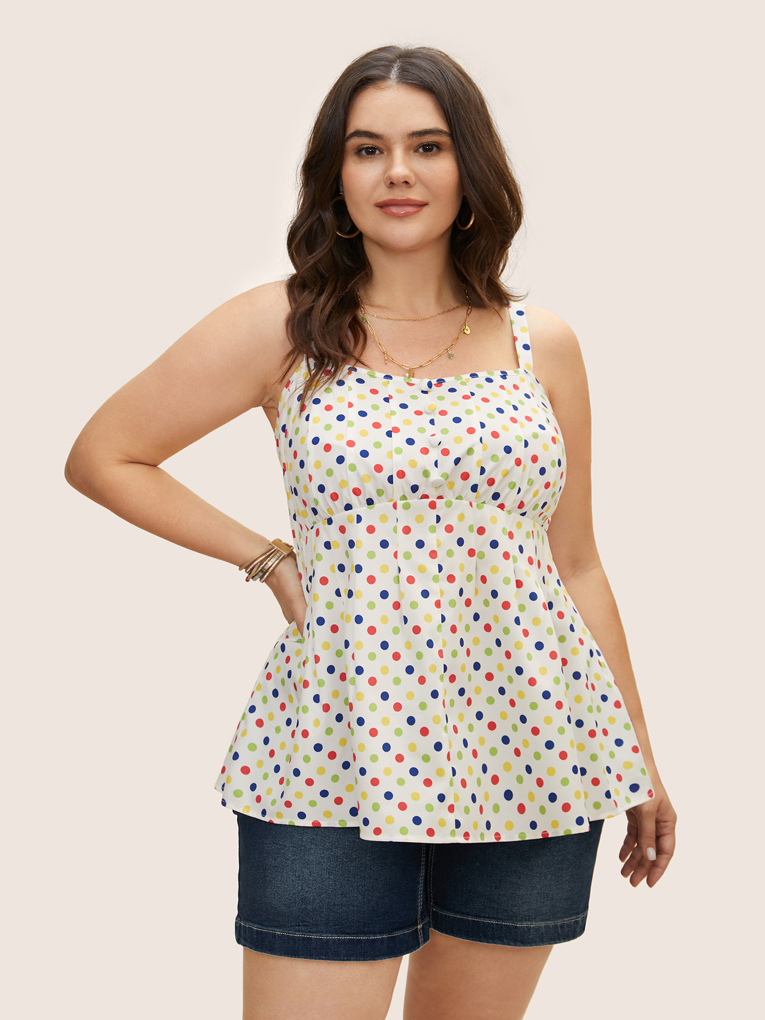 

Plus Size Colored Polka Dot Button Detail Cami Top Women Originalwhite Resort Contrast Square Neck Vacation Tank Tops Camis BloomChic