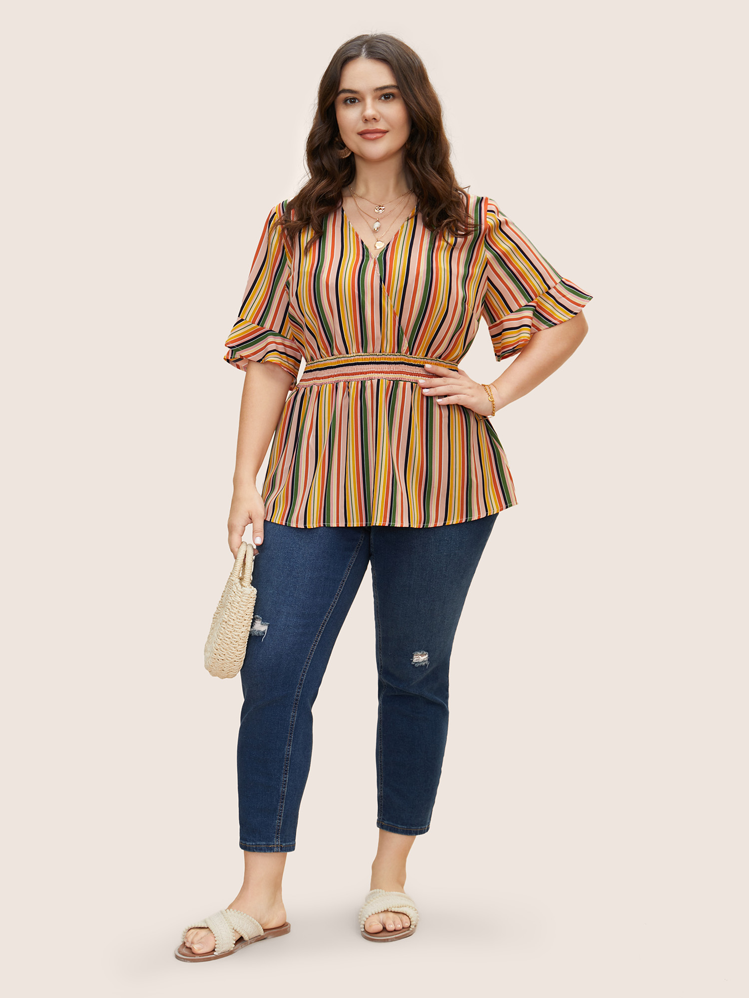 

Plus Size Multicolor Colored Striped Shirred Flutter Sleeve Blouse Women Resort Short sleeve V-neck Vacation Blouses BloomChic